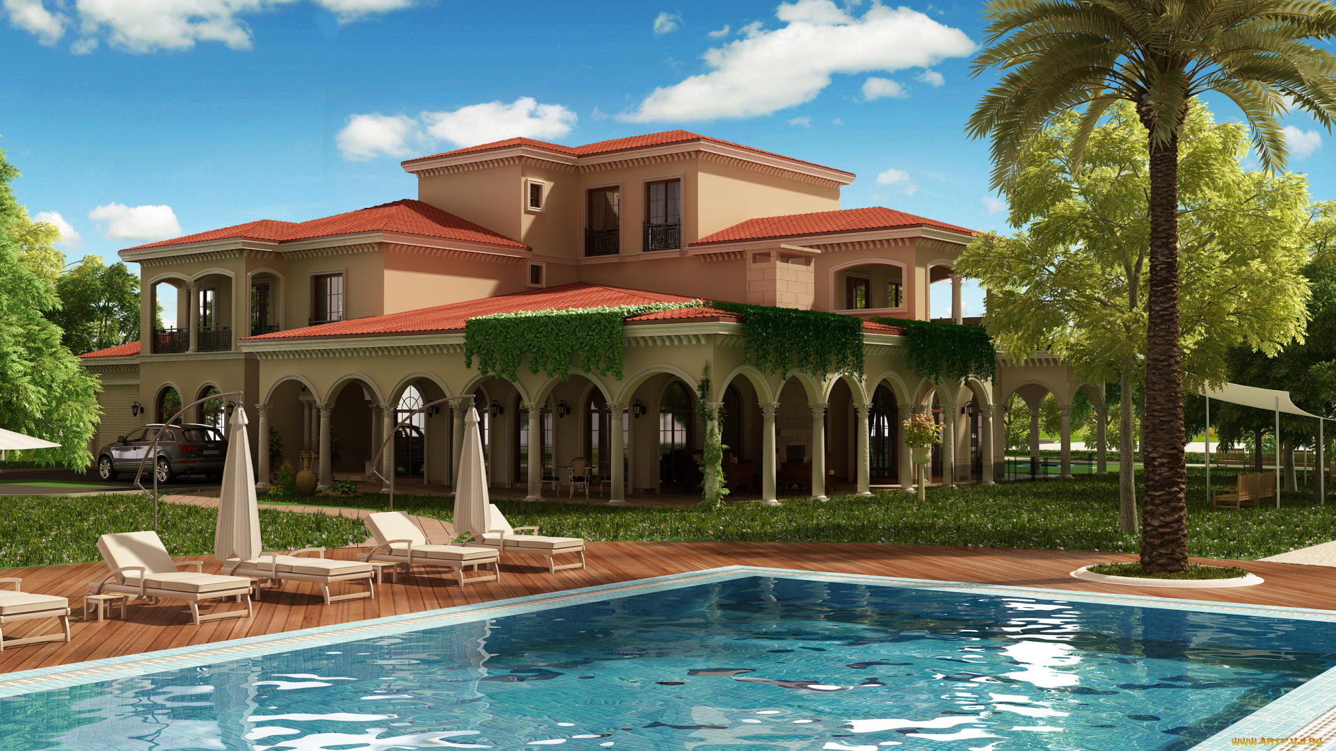 3д, графика, архитектура, , architecture, облака, деревья, бассейн, вилла