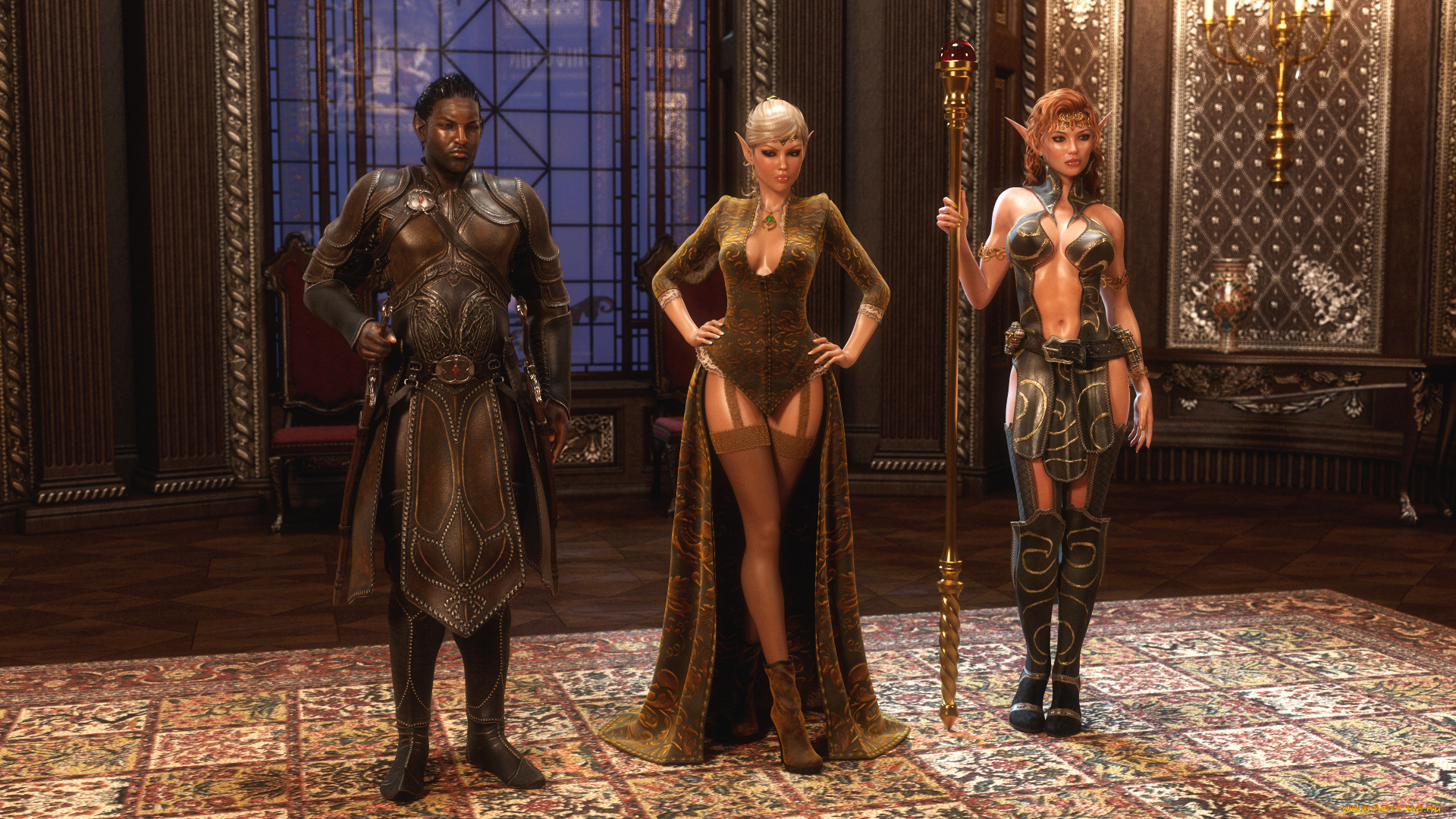 3д, графика, эльфы, , elves, мужчина, фон, взгляд, эльфийки, интерьер