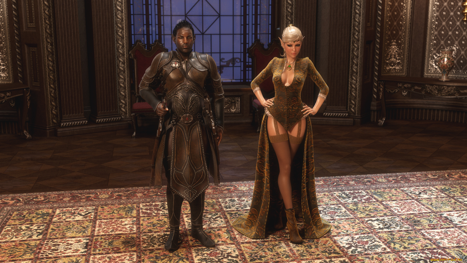 3д, графика, эльфы, , elves, мужчина, фон, взгляд, эльфийка