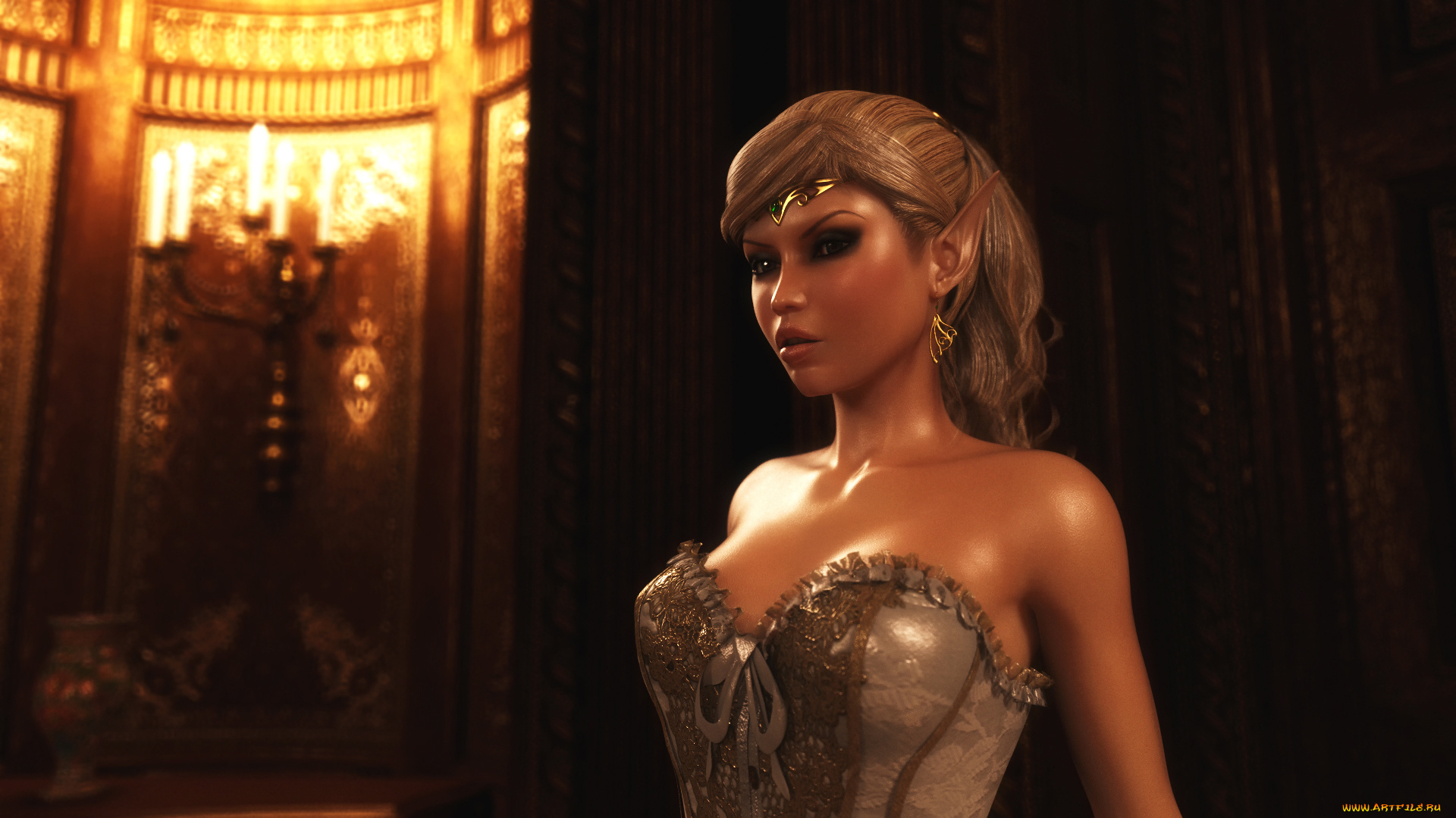 3д, графика, эльфы, , elves, взгляд, эльфийка, фон