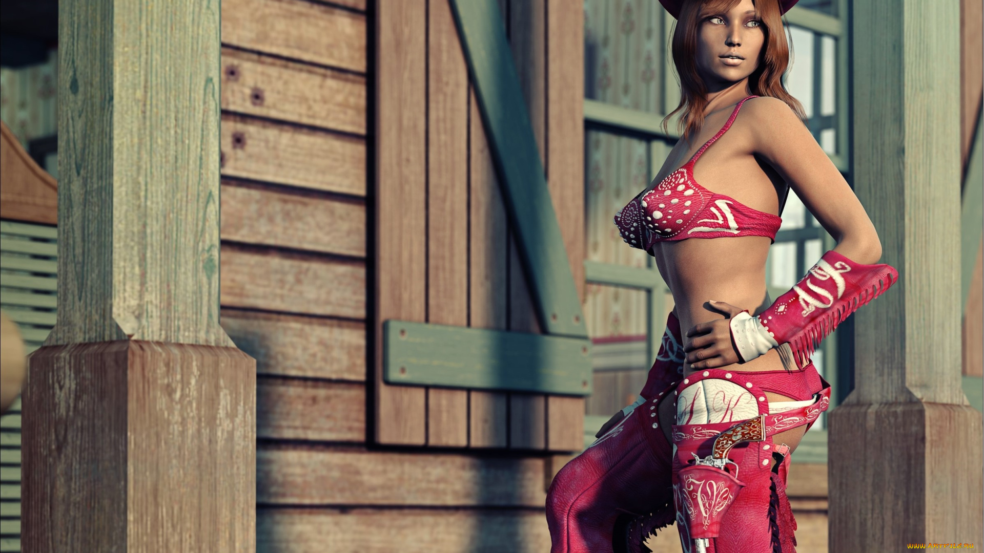 3д, графика, люди, , people, ковбой, шляпа, оружие, фон, взгляд, девушка