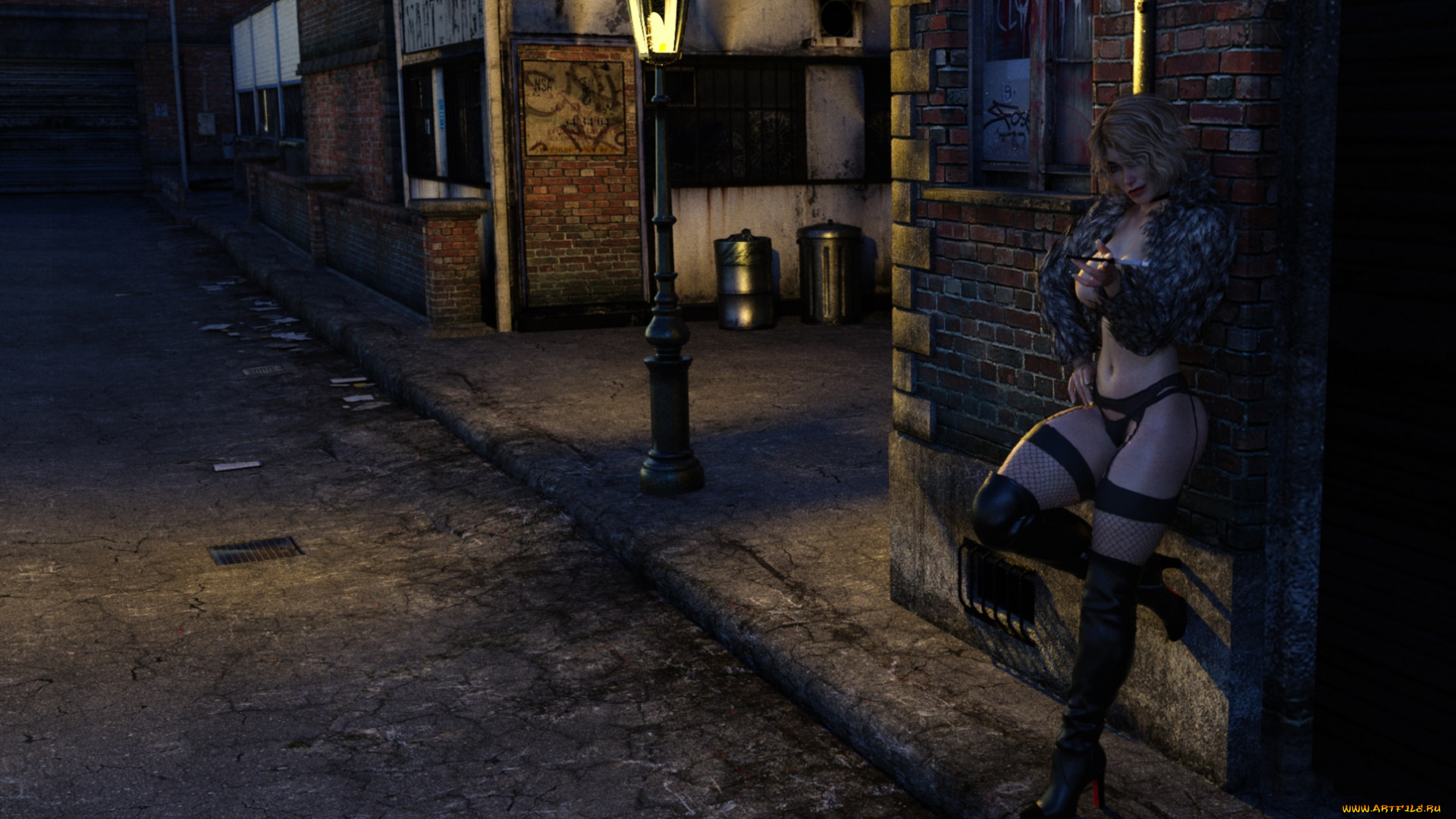 3д, графика, люди, , people, улица, фон, взгляд, девушка, фонарь, ночь