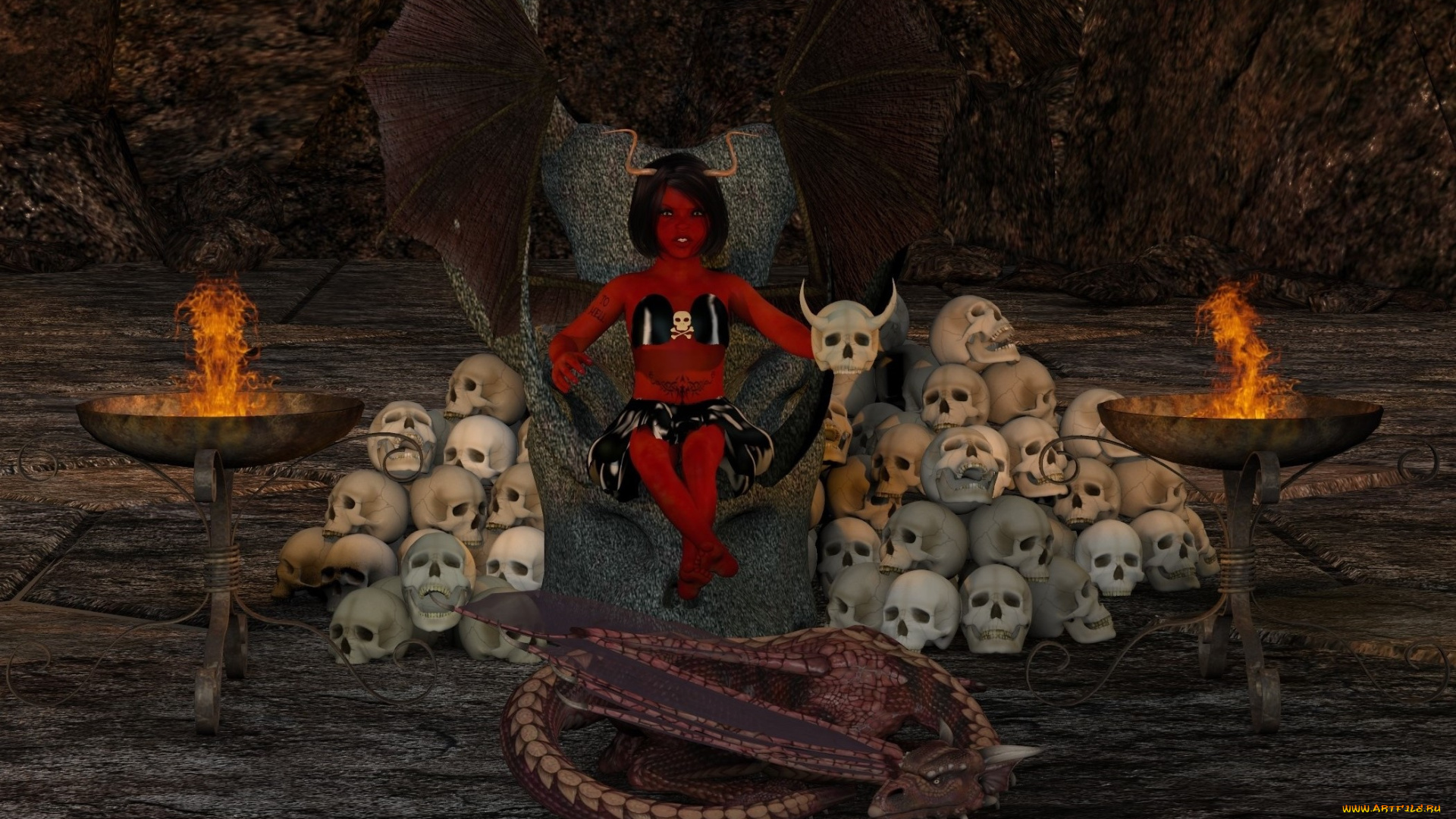 3д, графика, существа, , creatures, дракон, трон, кастаника, огонь, взгляд, черепа, фон