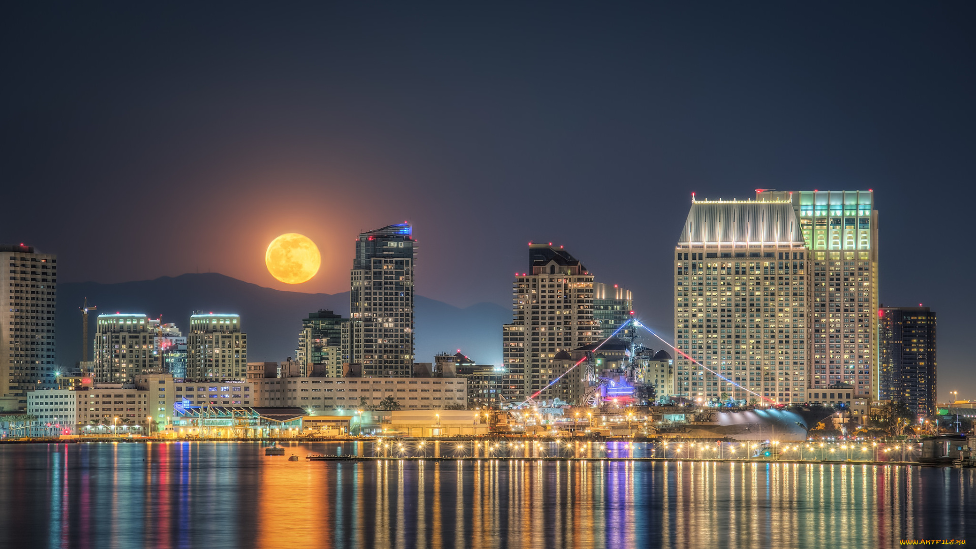 города, -, огни, ночного, города, ночь, луна, здания, огни