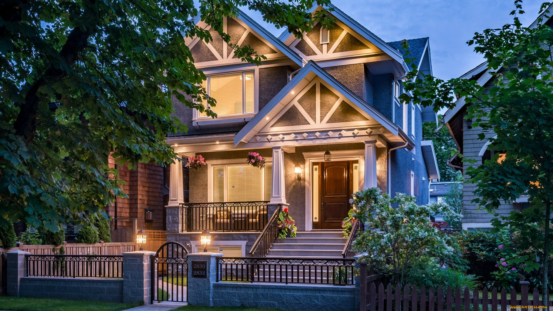 города, -, здания, , дома, дом, особняк, деревья, вечер, подсветка, жилище, архитектура, дизайн