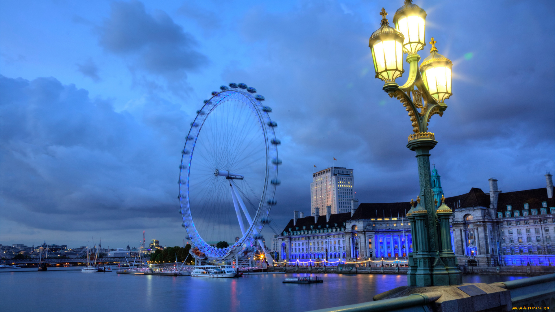 города, лондон, , великобритания, колесо, фонаоь, набережная
