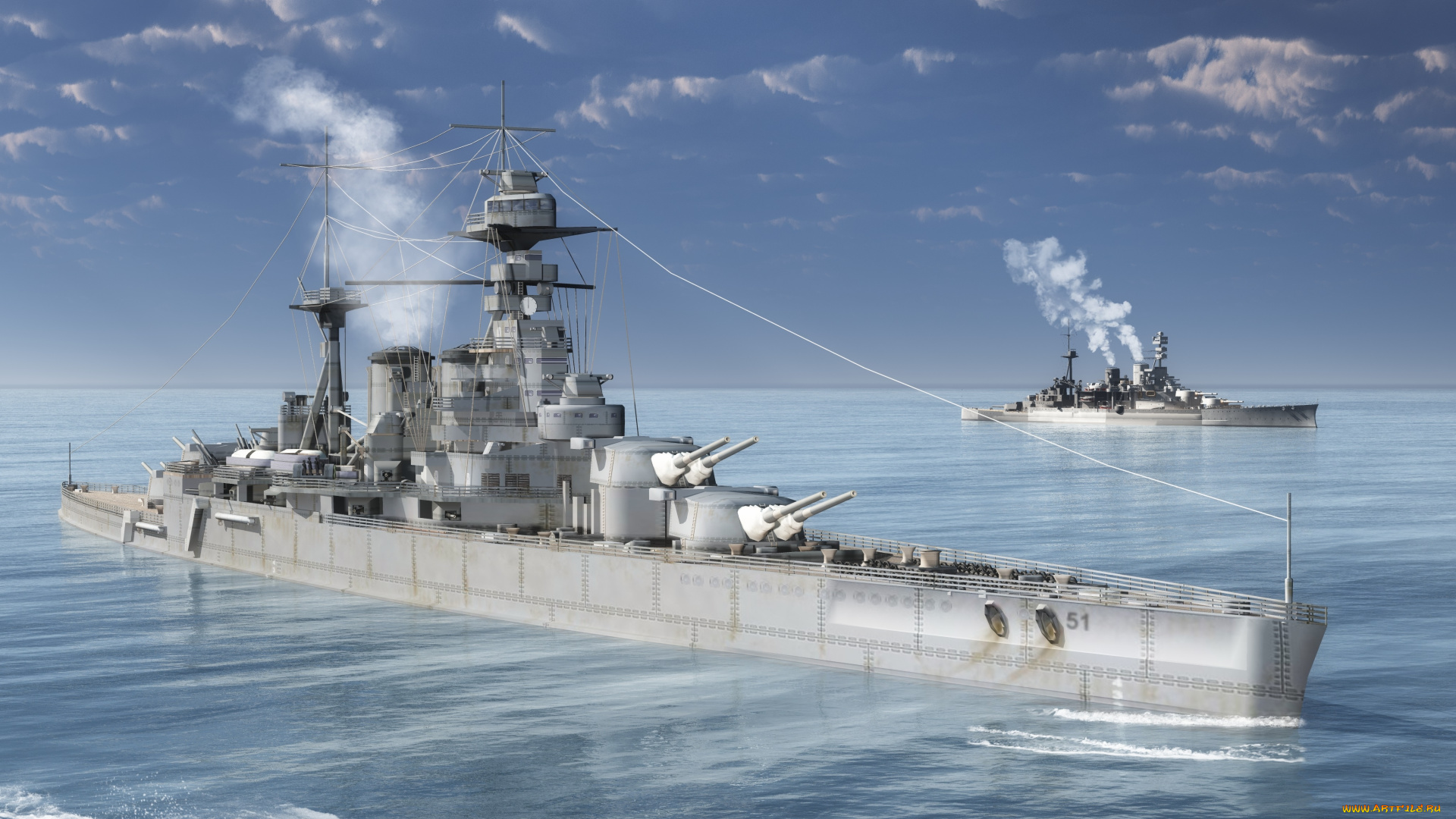 корабли, 3d, море, облака, крейсер