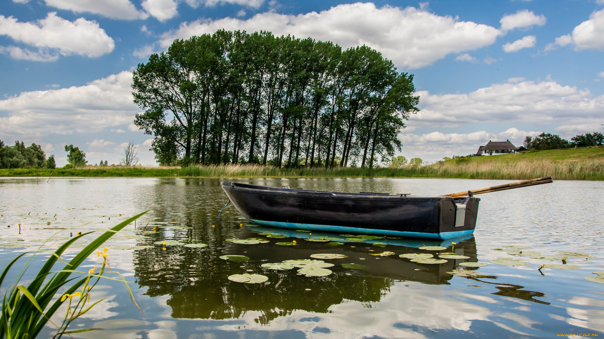 корабли, лодки, , шлюпки, озеро, небо, облака, отражение, деревья