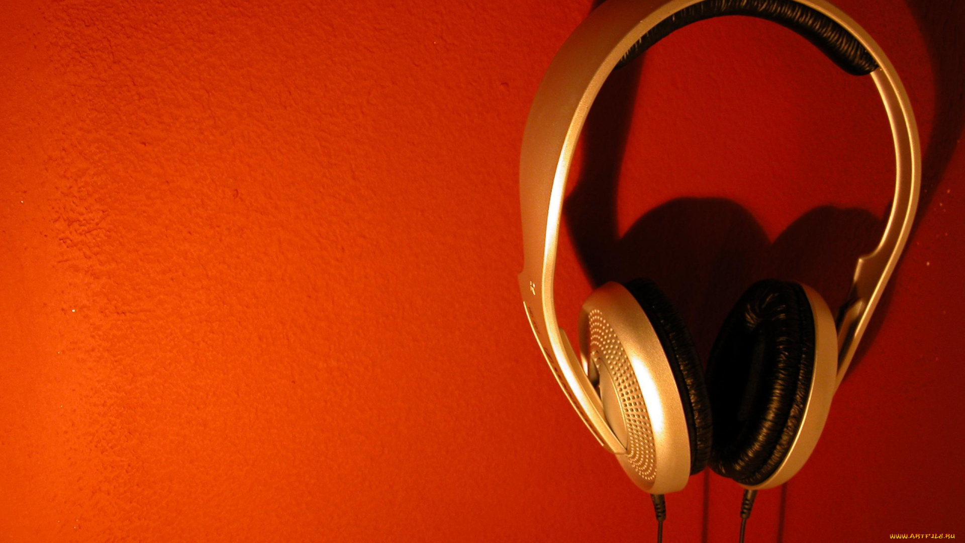 музыка, -, другое, красный, фон, наушники, стена, тень