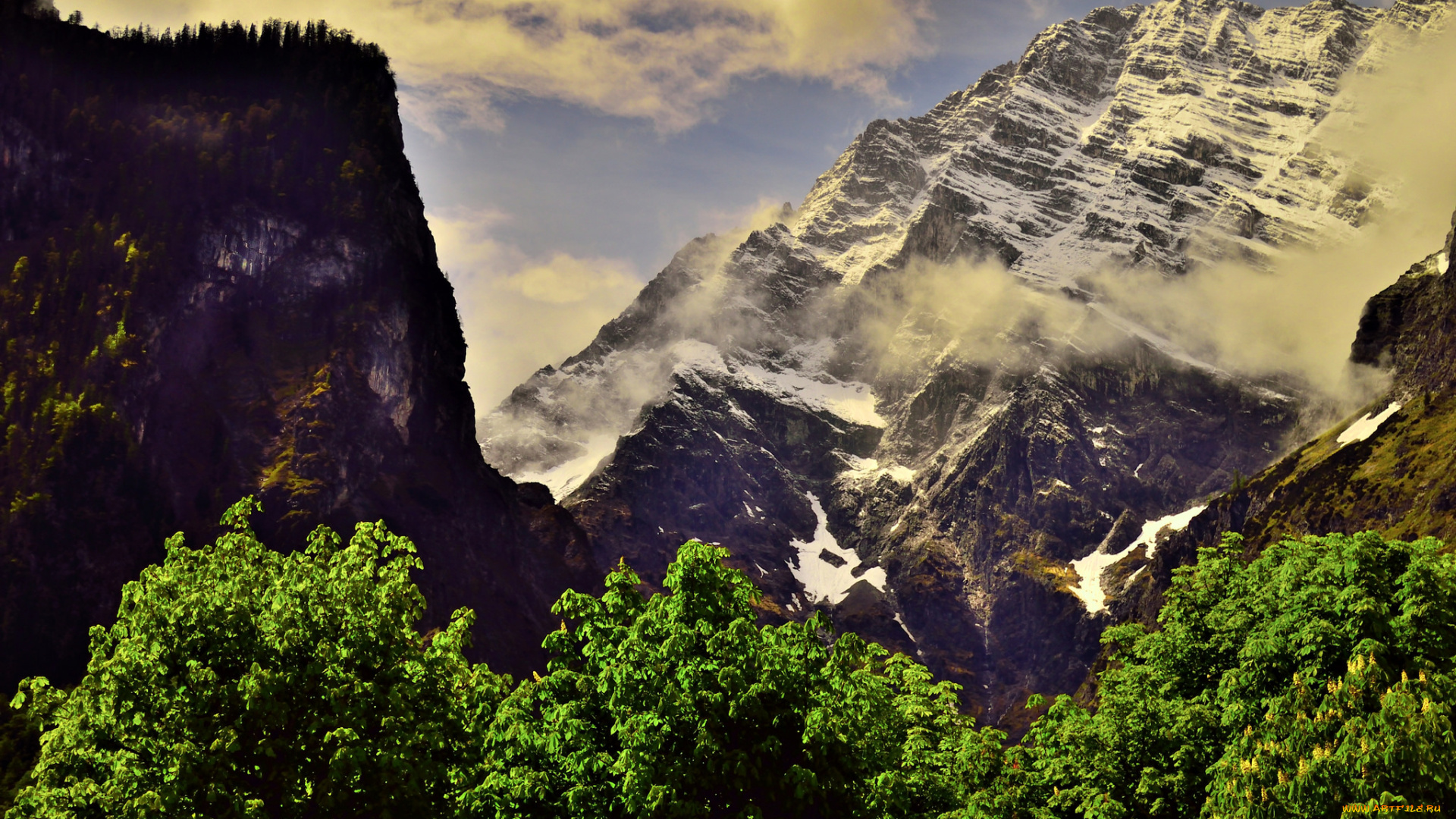 природа, горы, деревья, пейзаж, небо