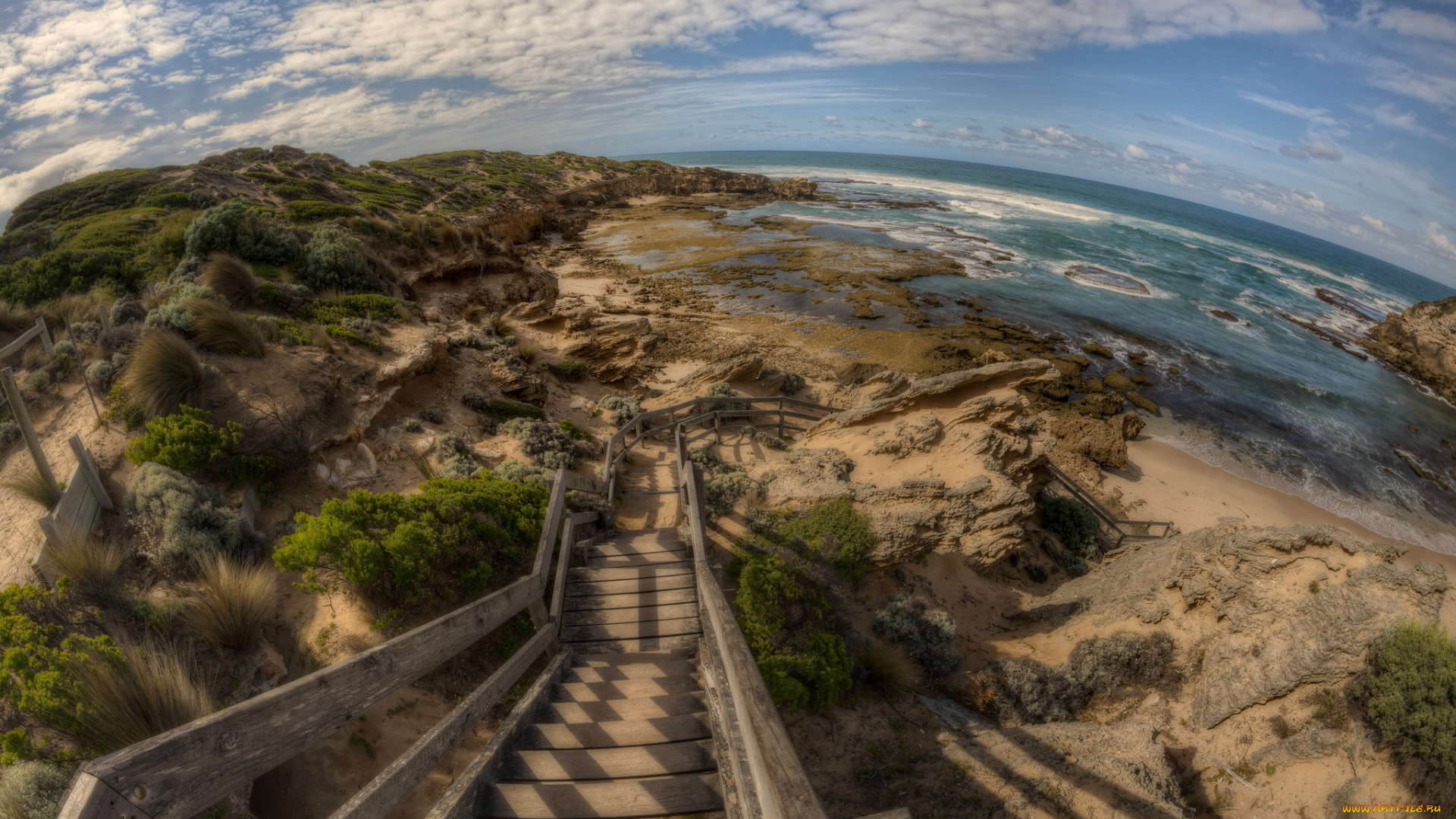 природа, побережье, лестница, панорама, пляж, океан