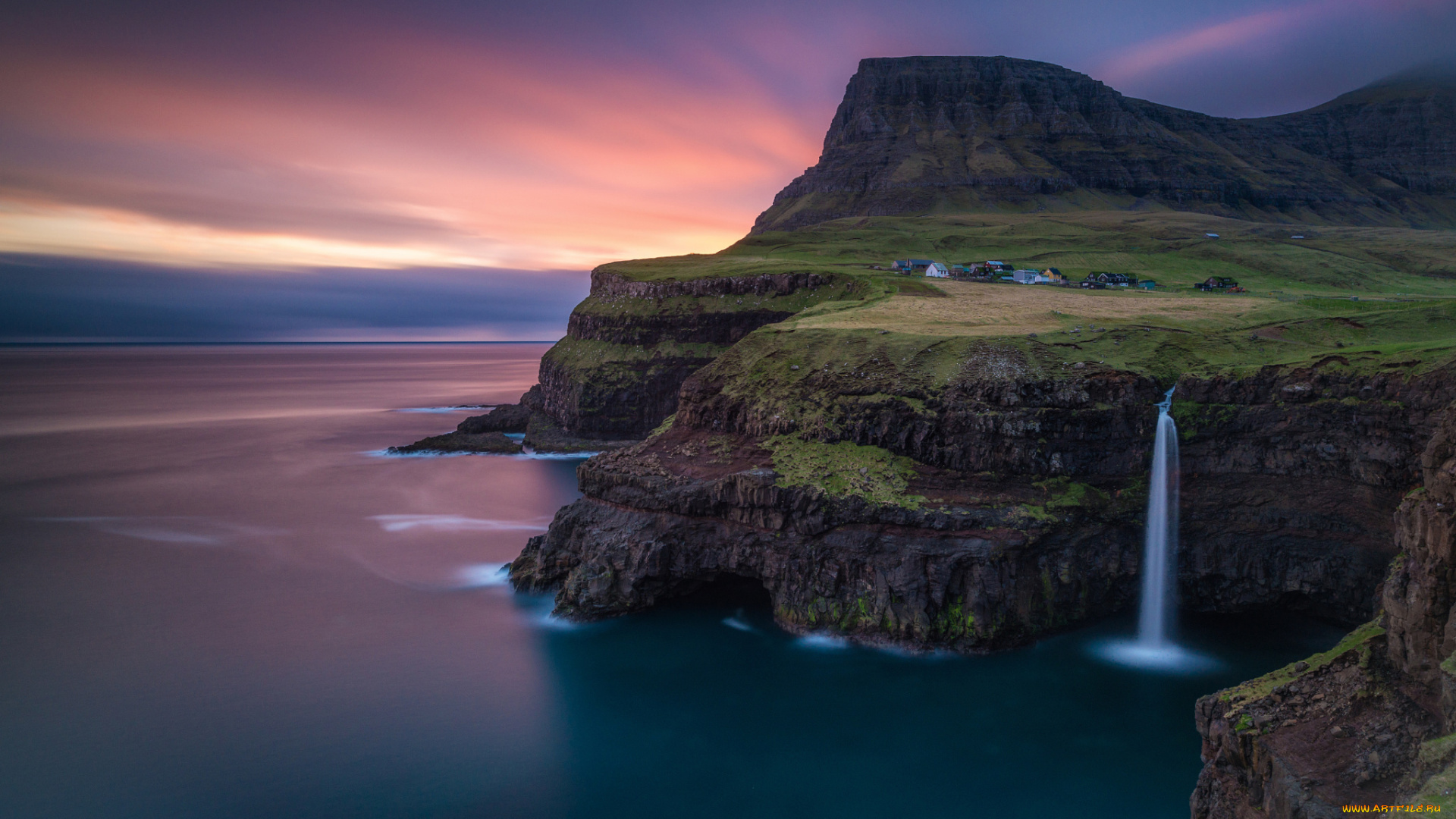 природа, побережье, скалы, гора, атлантический, океан, водопад, остров, фарерские, острова