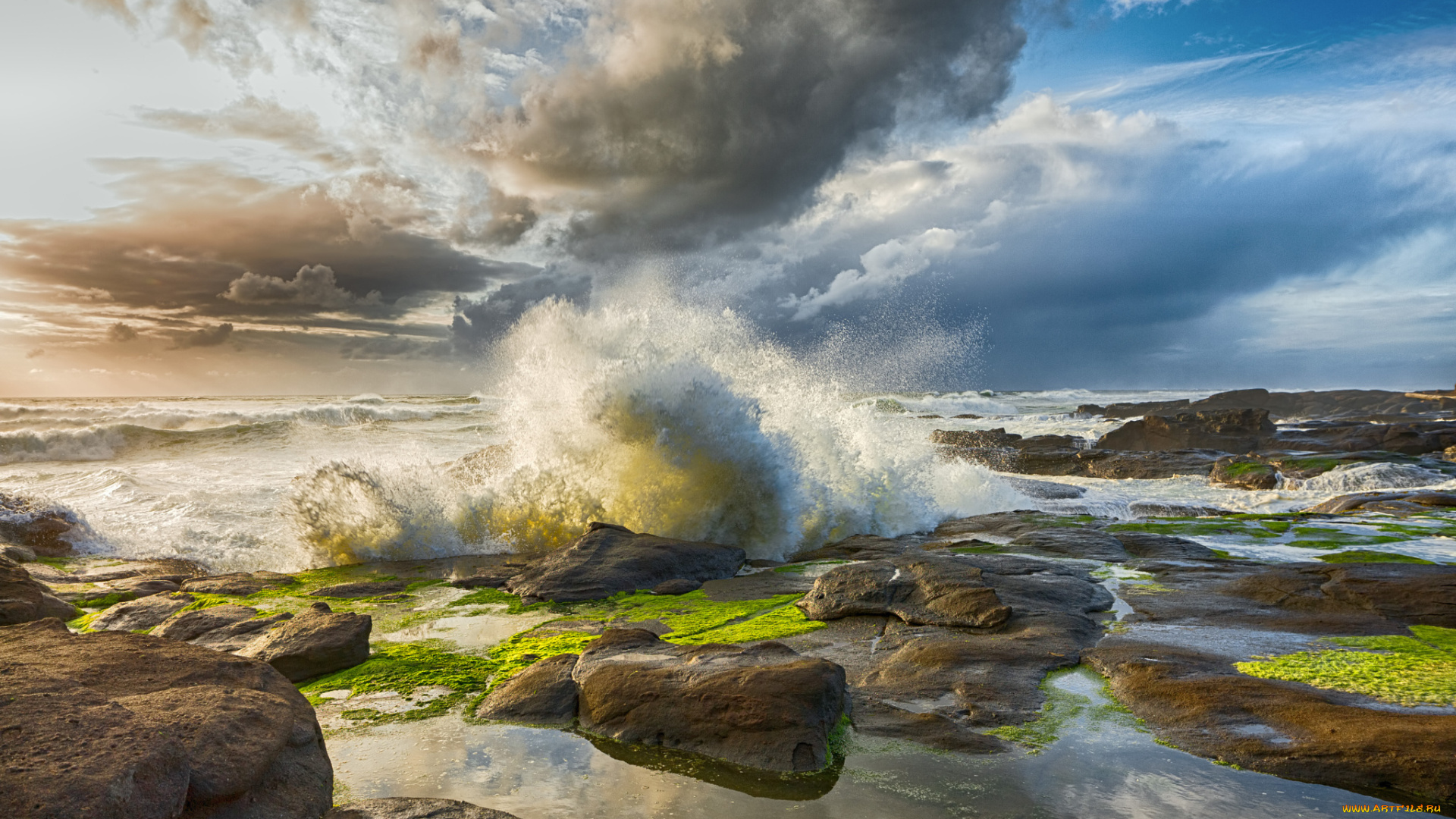 природа, побережье, волны, рассвет, море, брызги, скалы, камни