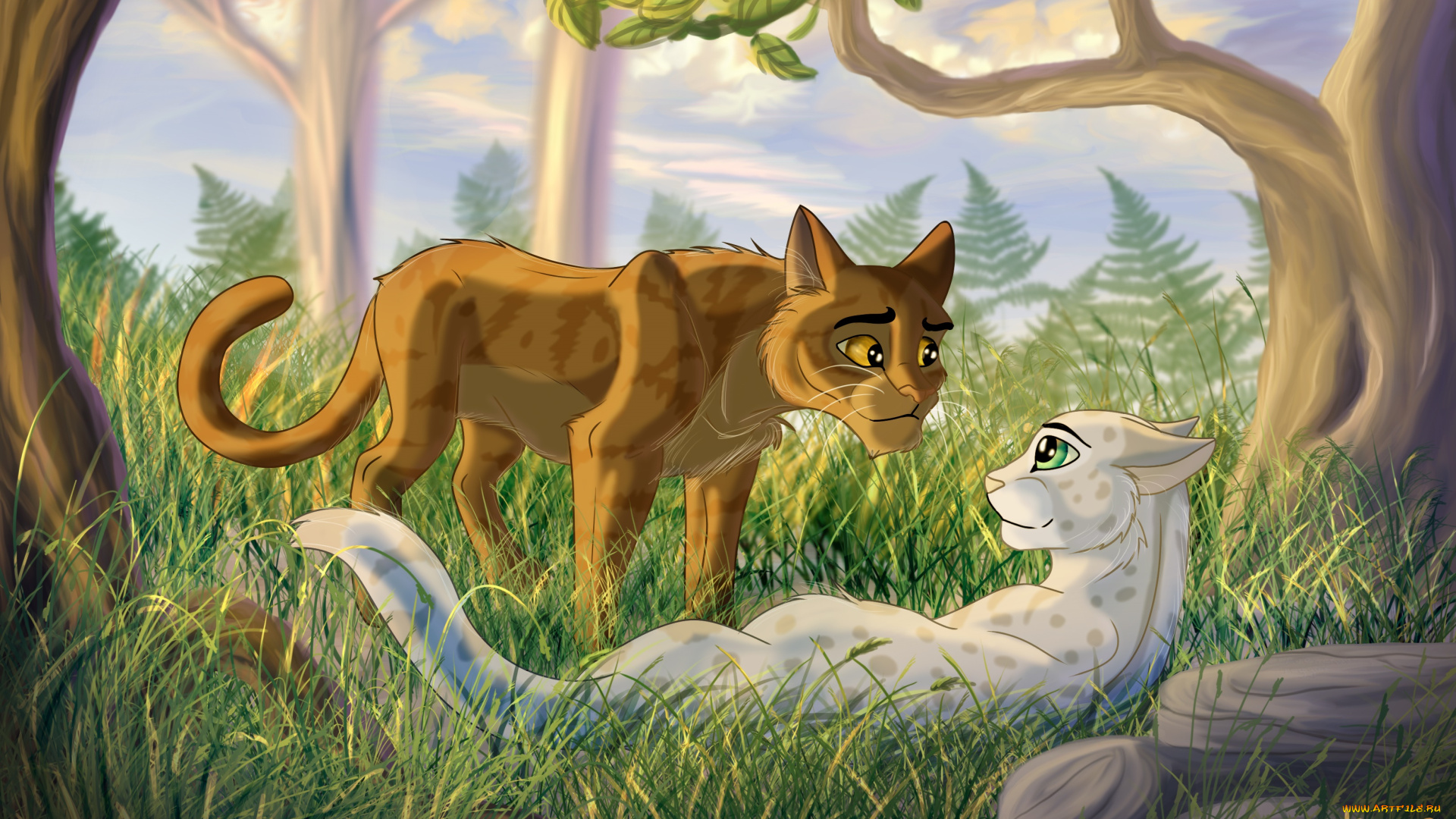 рисованное, животные, , коты, коты, взгляд, фон, деревья, трава, ветки