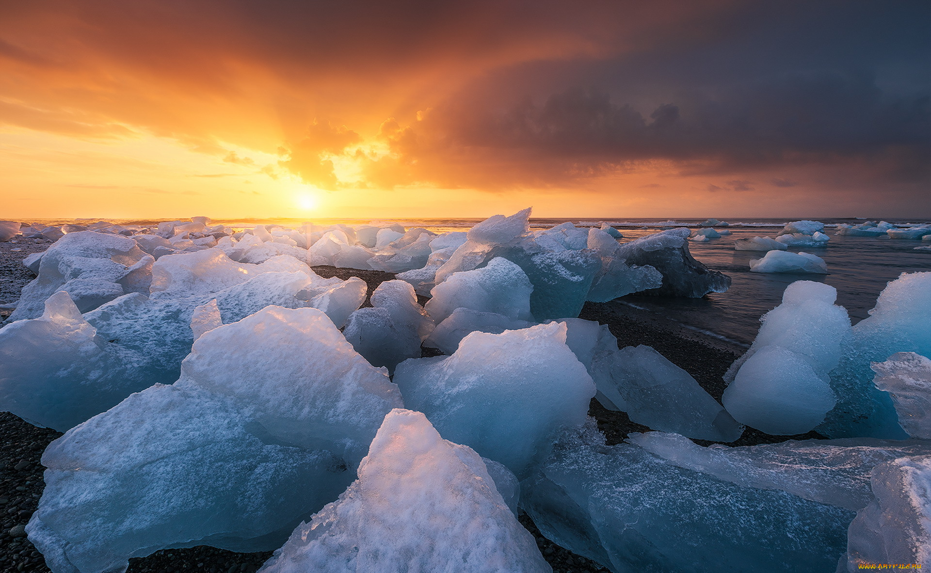 природа, айсберги, и, ледники, лёд, закат