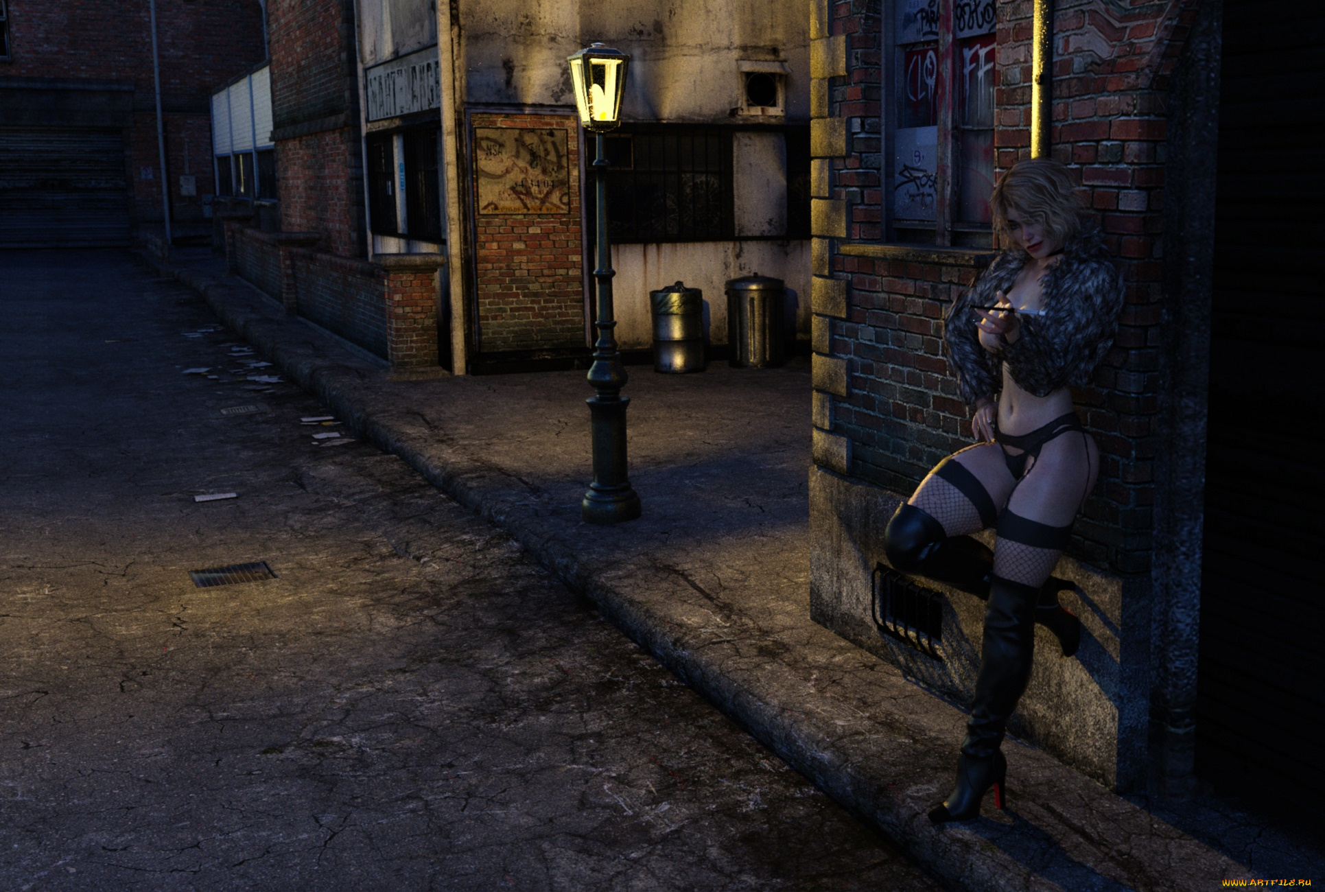 3д, графика, люди, , people, улица, фон, взгляд, девушка, фонарь, ночь