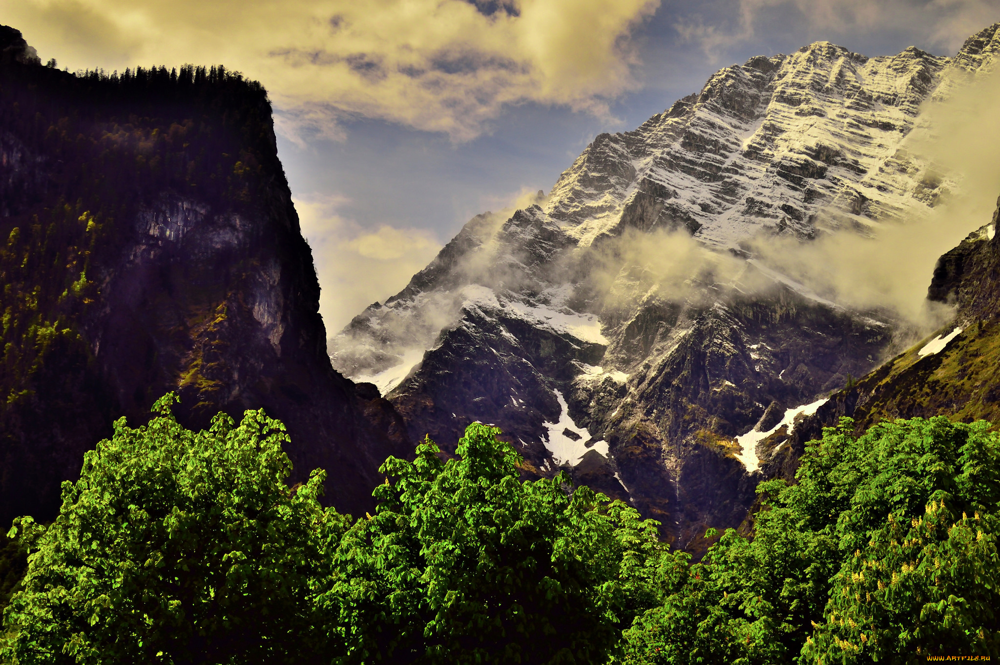 природа, горы, деревья, пейзаж, небо