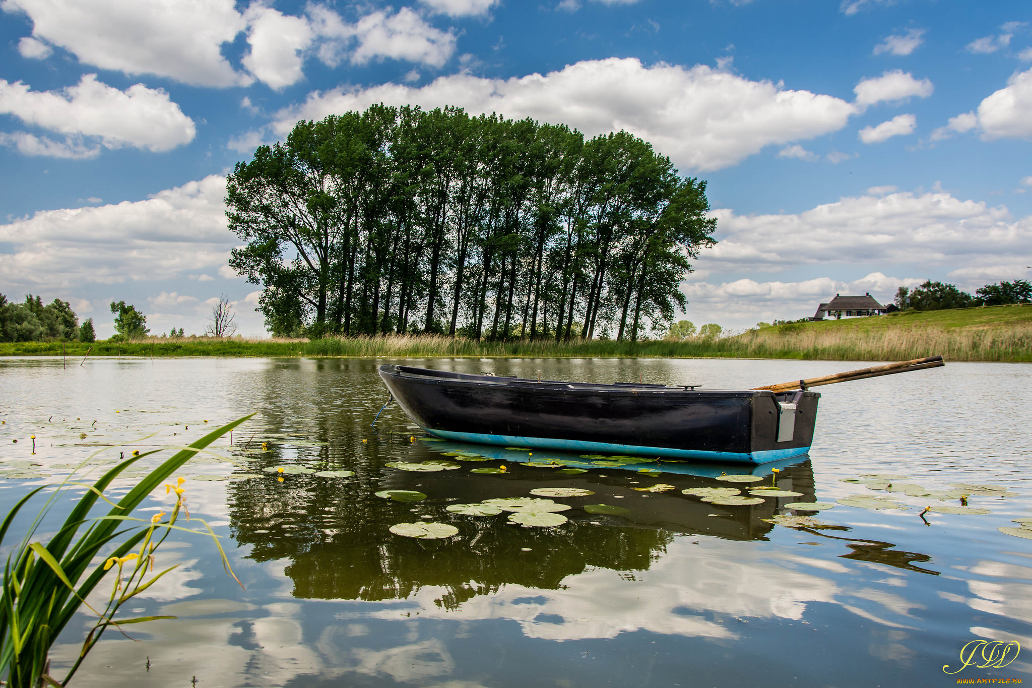 корабли, лодки, , шлюпки, озеро, небо, облака, отражение, деревья
