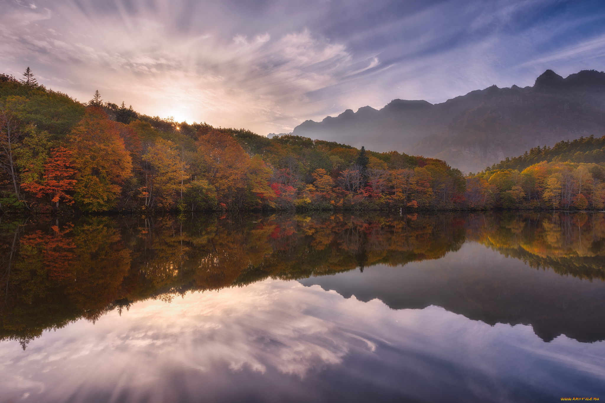 природа, реки, озера, озеро, небо, солнце, отражение, восход, деревья