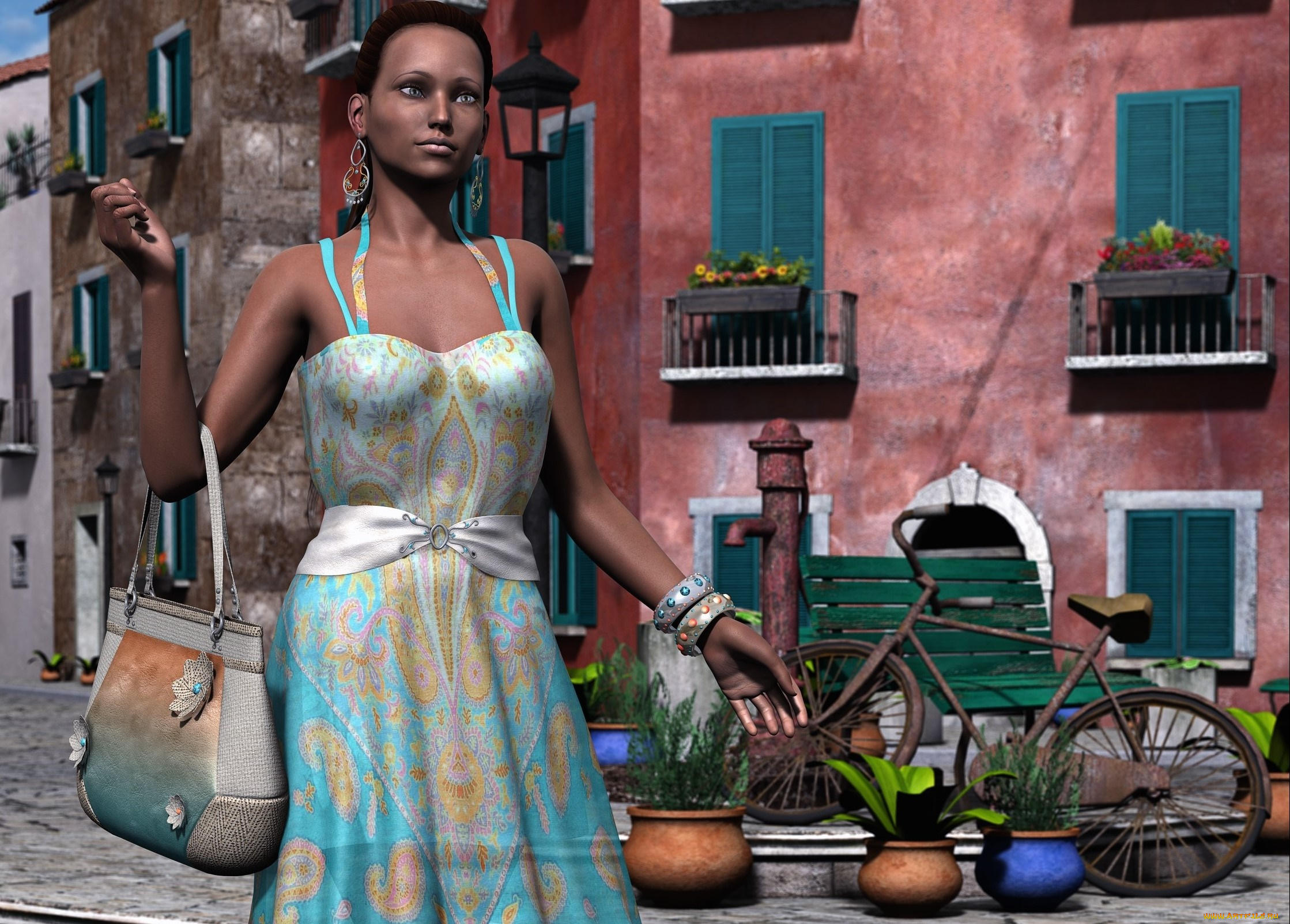 3д, графика, люди, , people, девушка, сумочка, фон, взгляд