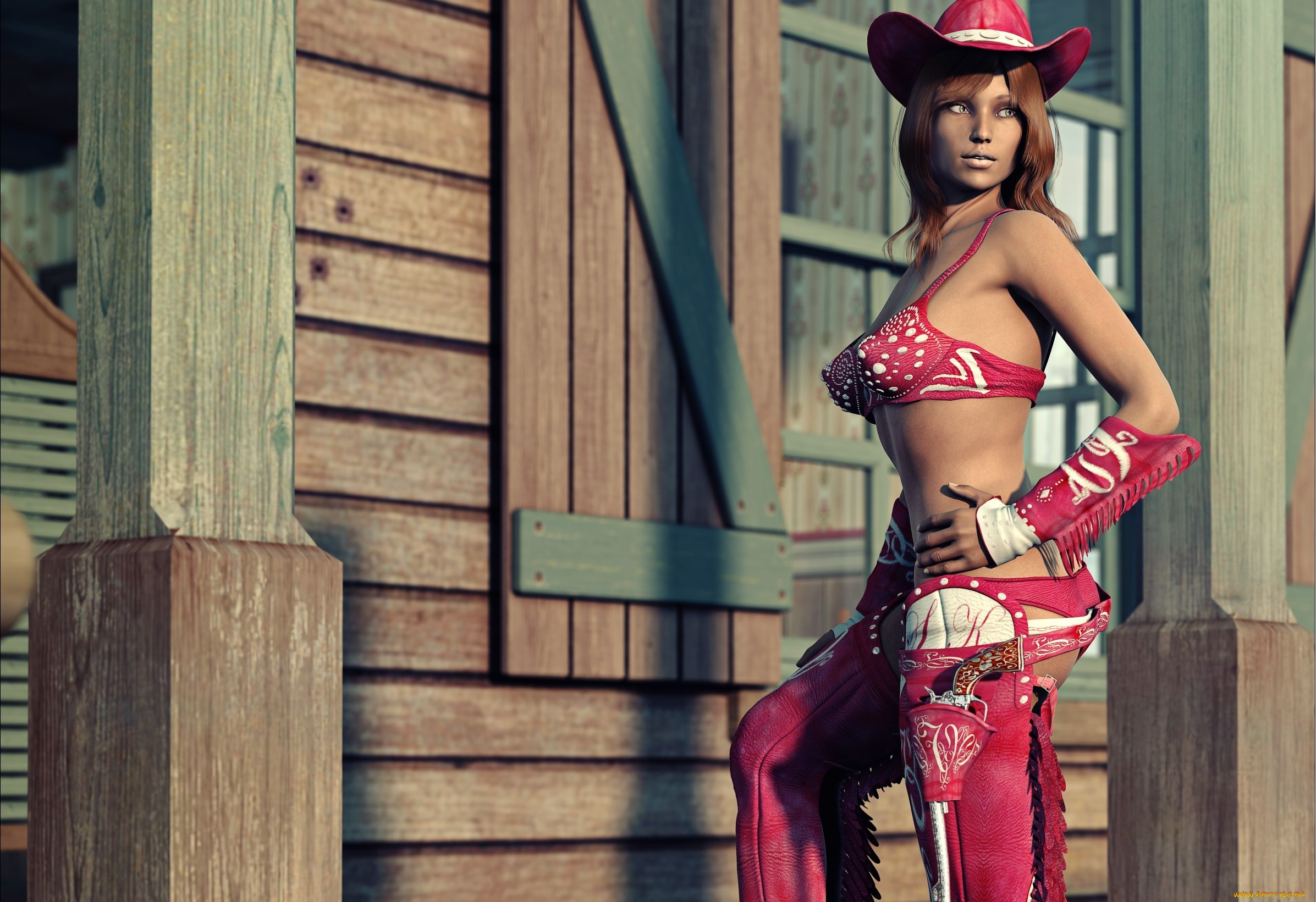 3д, графика, люди, , people, ковбой, шляпа, оружие, фон, взгляд, девушка