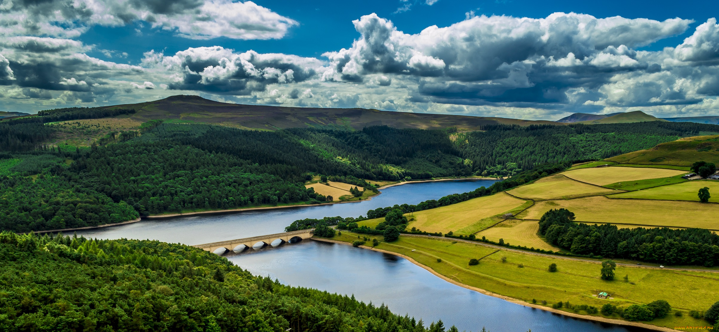 природа, реки, озера, поля, мост, река, холмы