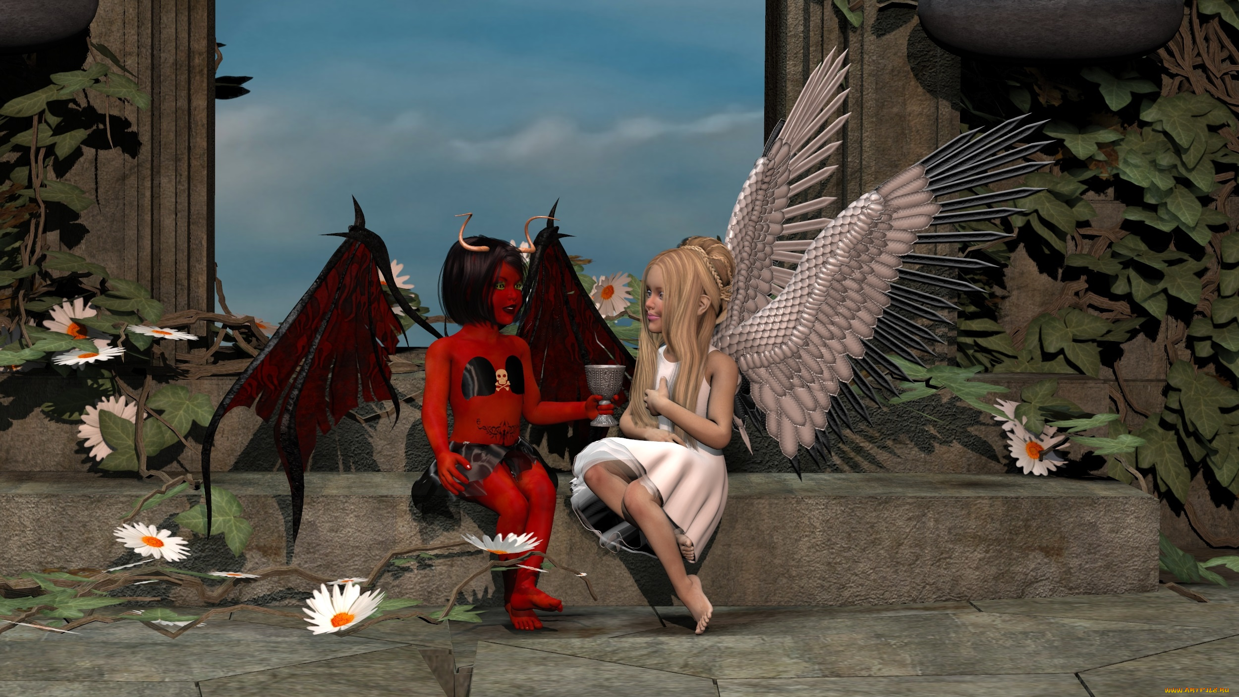 3д, графика, существа, , creatures, демон, ангел, взгляд, цветы, чаша, фон, кастаника