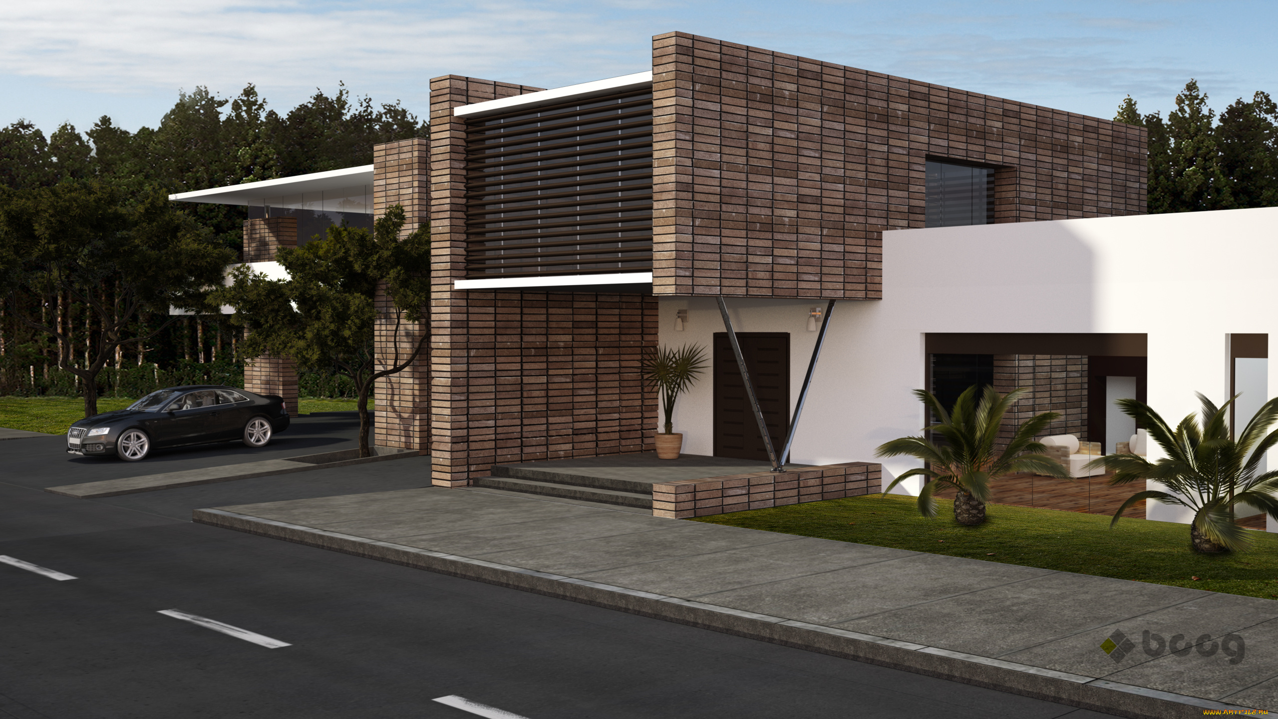 3д, графика, архитектура, , architecture, деревья, автомобиль, дом