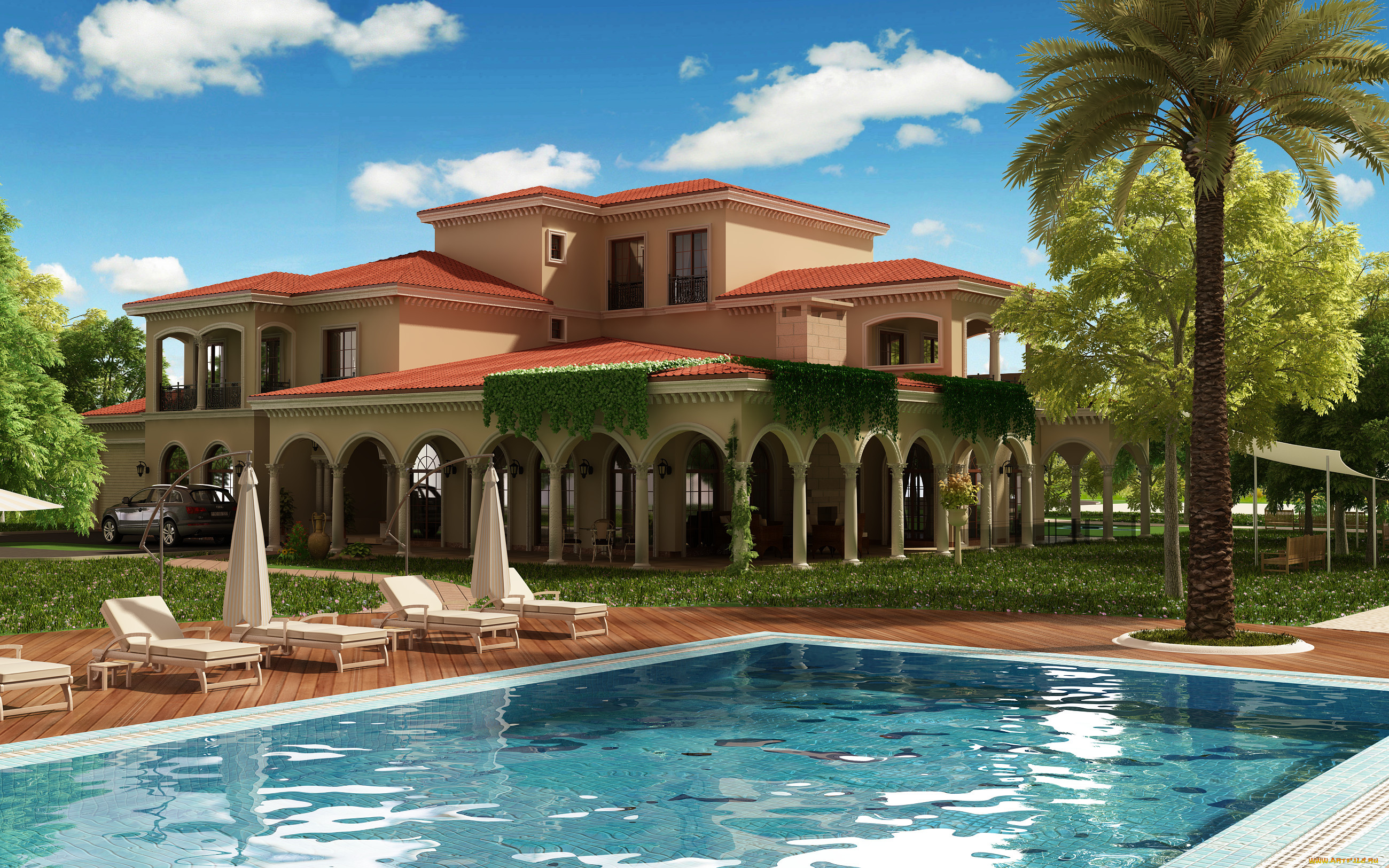 3д, графика, архитектура, , architecture, облака, деревья, бассейн, вилла