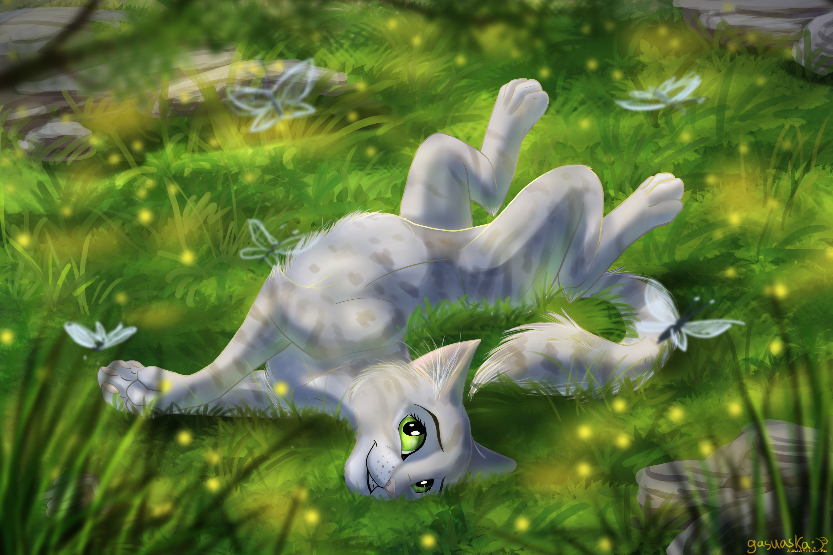 рисованное, животные, , коты, кот, взгляд, фон, трава