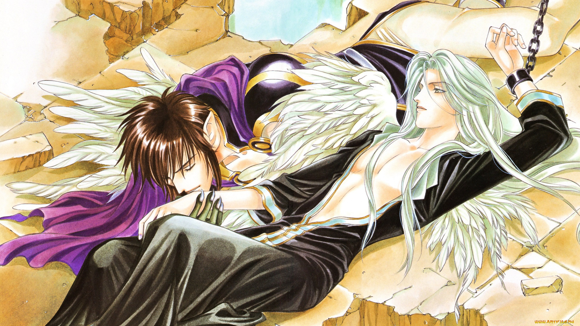 аниме, ангелы, , демоны, teteiyus, цепь, двое, длинные, волосы, поцелуй, seimaden, you, higuri, обломки, art, крылья, парни, zadei