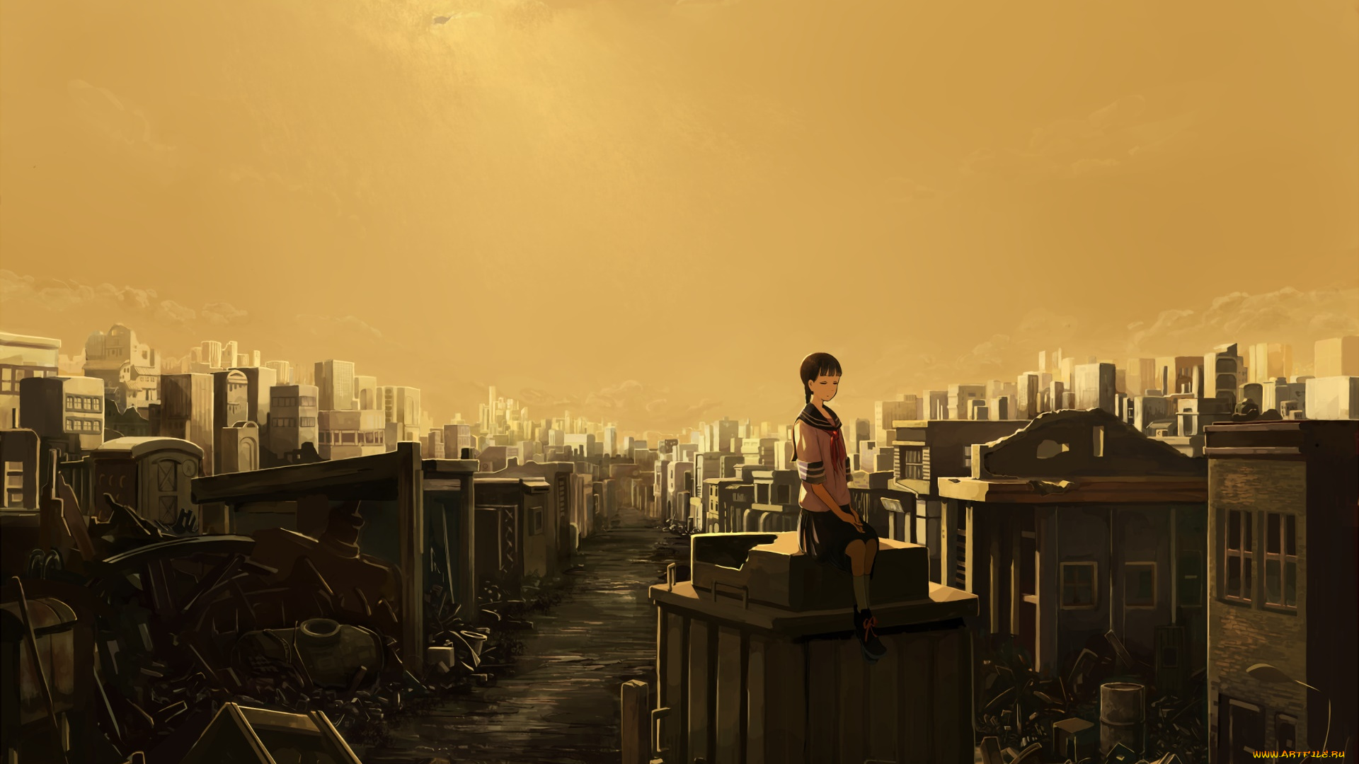 аниме, город, , улицы, , здания, девушка, взгляд, фон