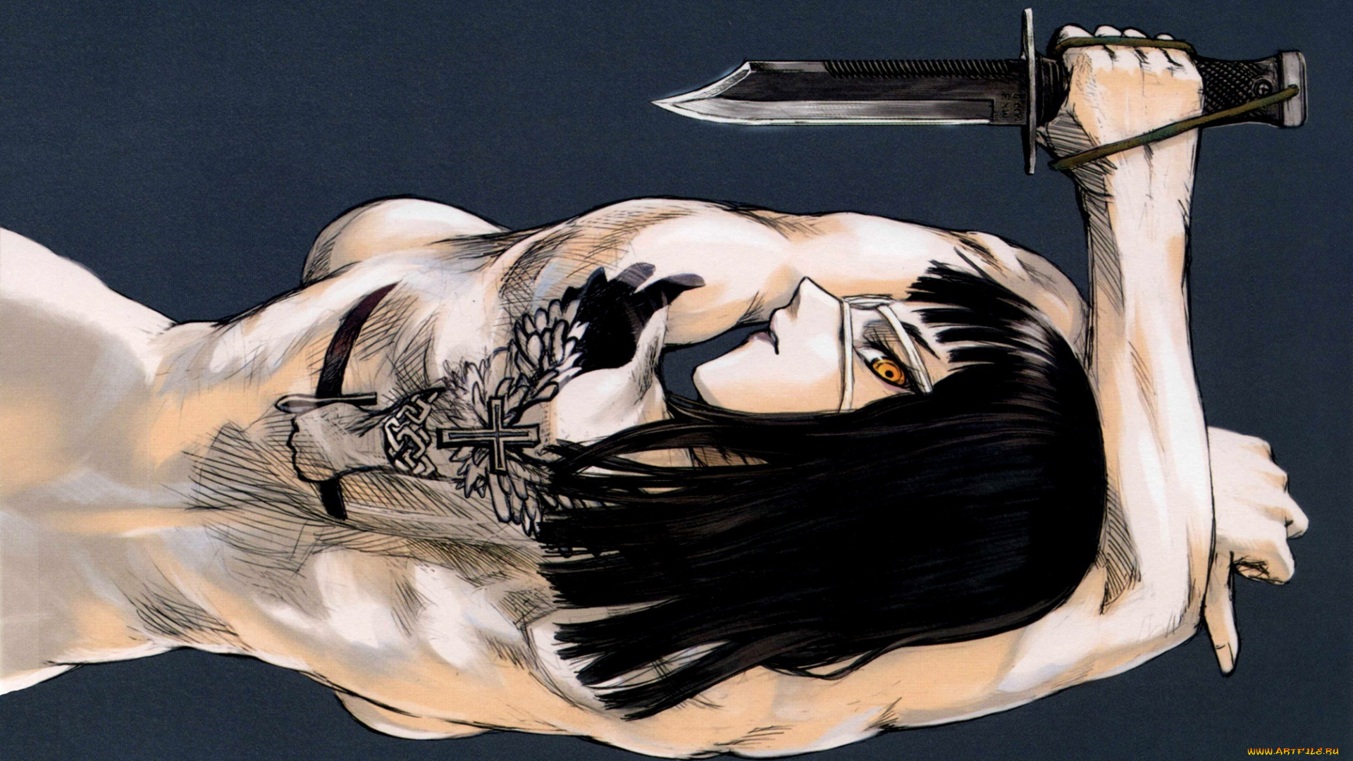 аниме, jormungand, девушка, нож, взгляд, спина