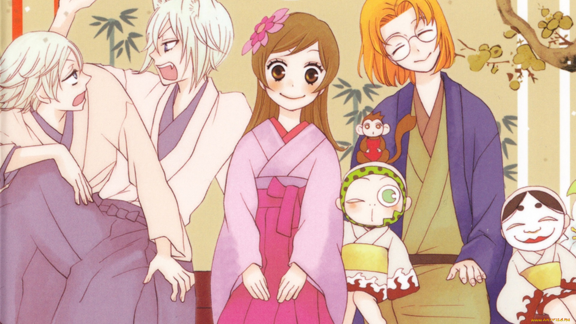 аниме, kamisama, hajimemashita, демон-лис, kotetsu, kamisama, hajimemashita, nanami, momozono, tomoe, onikiri, mizuki, mikage, ушки, julietta, suzuki, art, очки, кимоно, улыбка