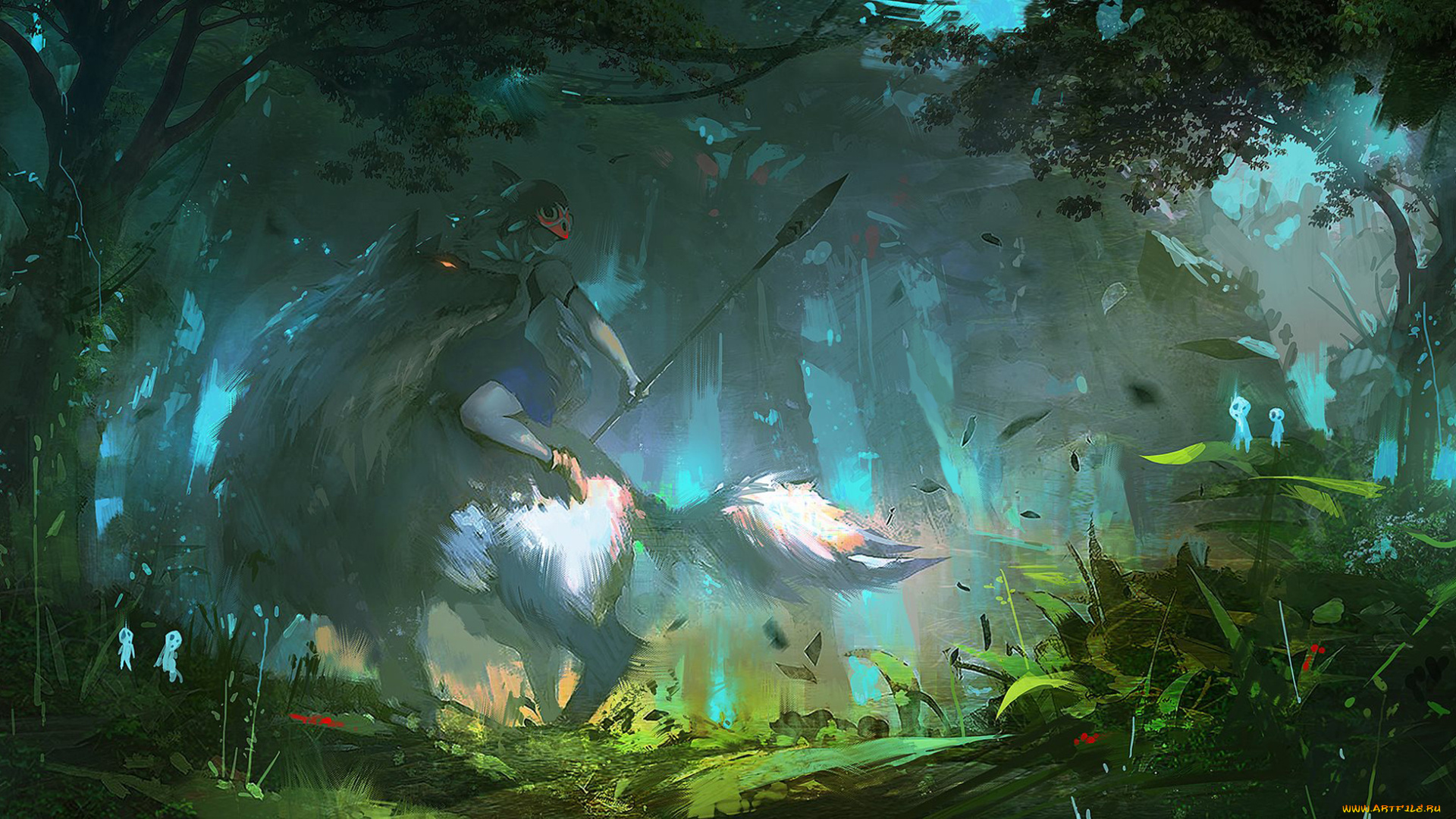 аниме, mononoke, hime, арт, zudarts, lee, сан, моро, лесные, духи, mononoke, hime, лес, девушка, волк