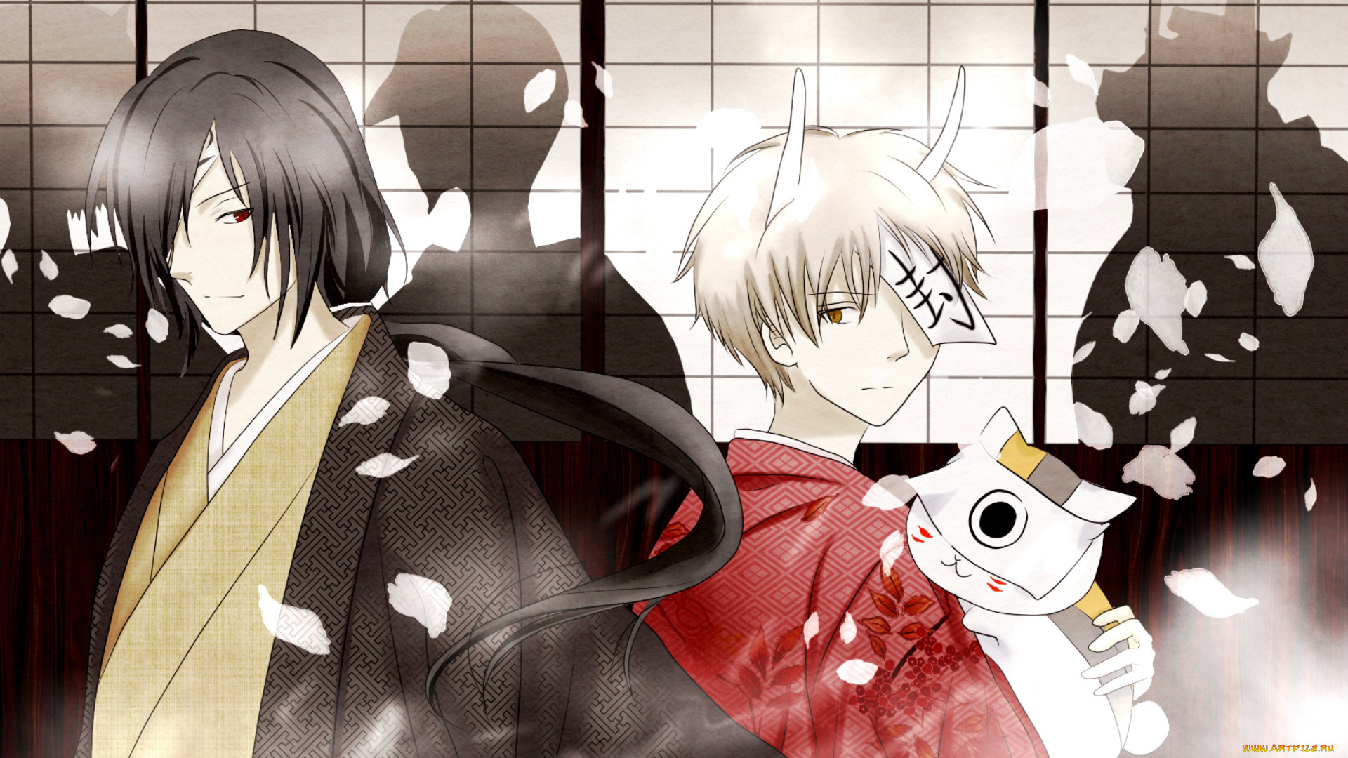 аниме, natsume, yuujinchou, тетрадь, дружбы, нацумэ, matoba, seiji, кимоно, рога, лепестки, art, nyanko-sensei, takashi, natsume, yuujin, chou, yuki, midorikawa, тень