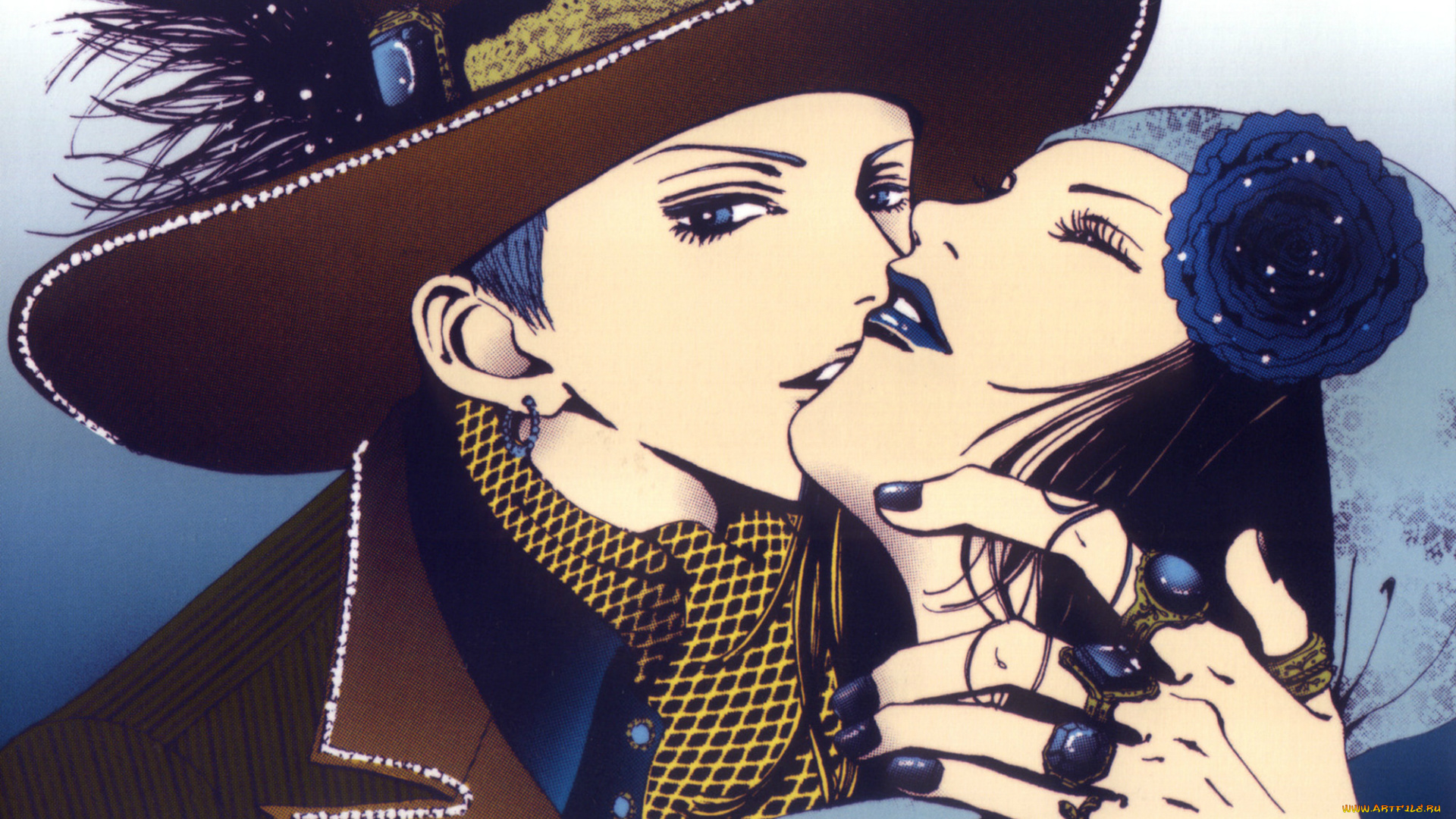 аниме, paradise, kiss, yakari, hayasaka, george, koizumi, paradise, kiss, ai, yazawa, art, двое, поцелуй, шляпа