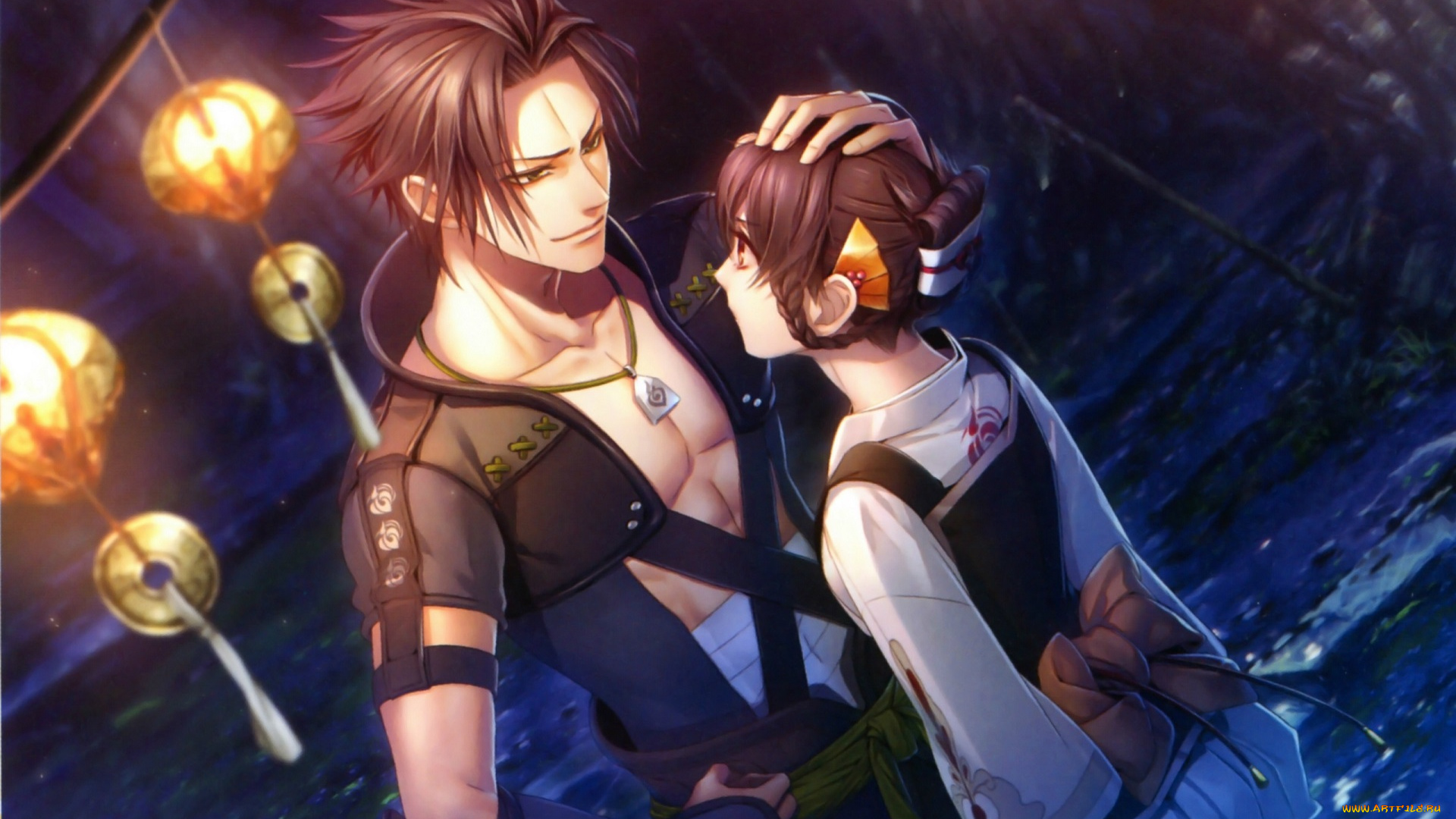 аниме, toki, no, kizuna, kazutake, visual, novel, miko, art, фонари, река, ночь, yukina, suzumori, toki, no, kizuna, прическа, двое, свидание, руки, амулет