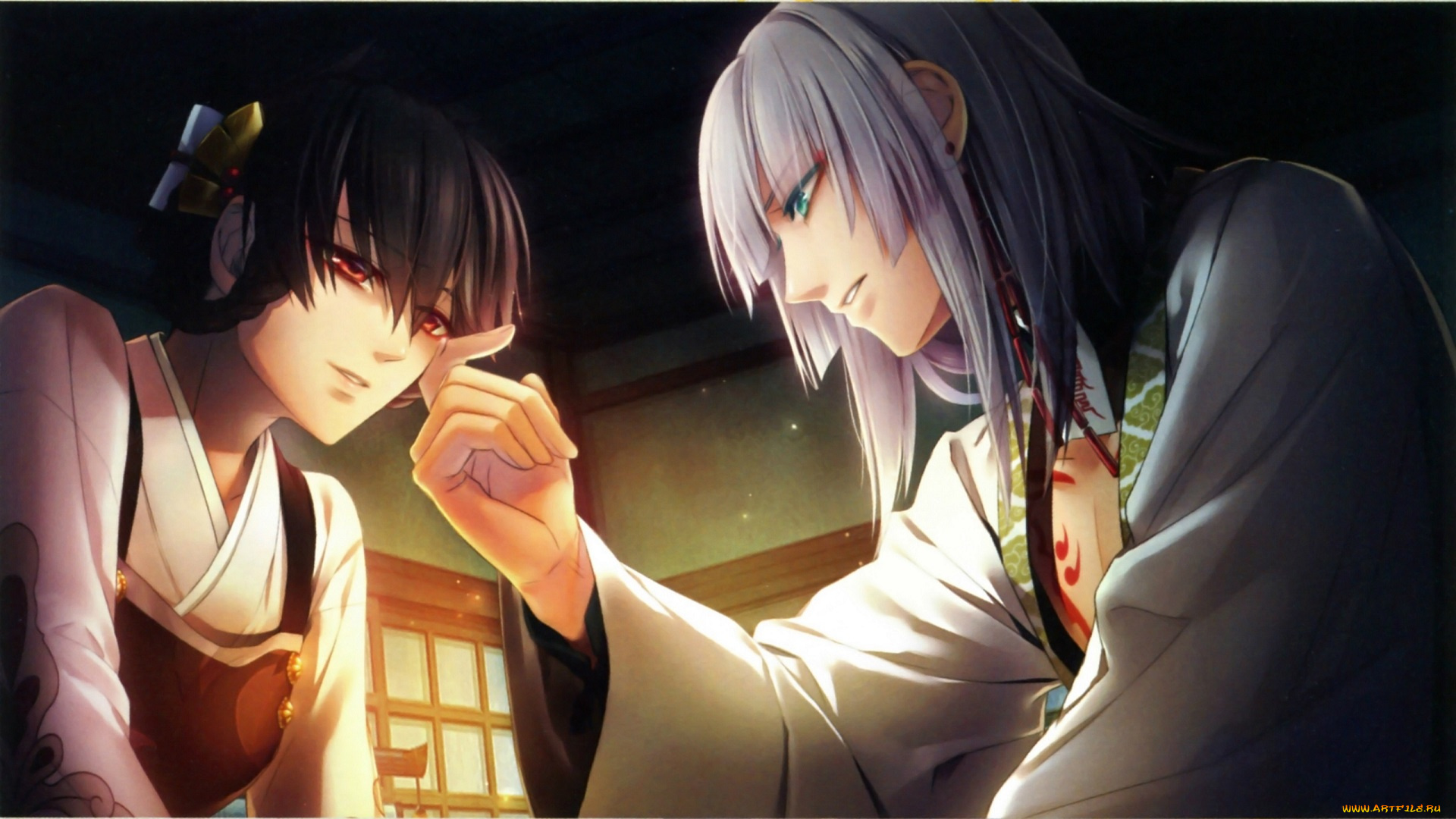 аниме, toki, no, kizuna, кимоно, рука, art, слезы, прическа, двое, комната, miko, toki, no, kizuna, visual, novel, senkinmaru, yukina, suzumori