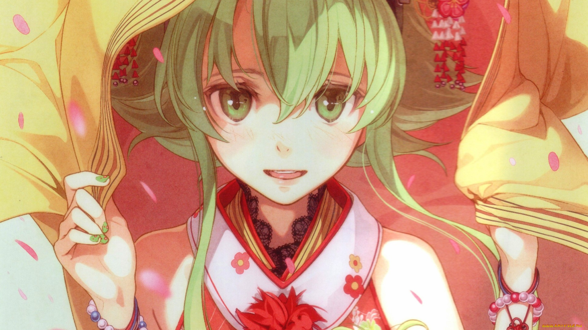 аниме, vocaloid, gumi, megpoid, hidari, прическа, украшения, кимоно, зеленые, волосы, art