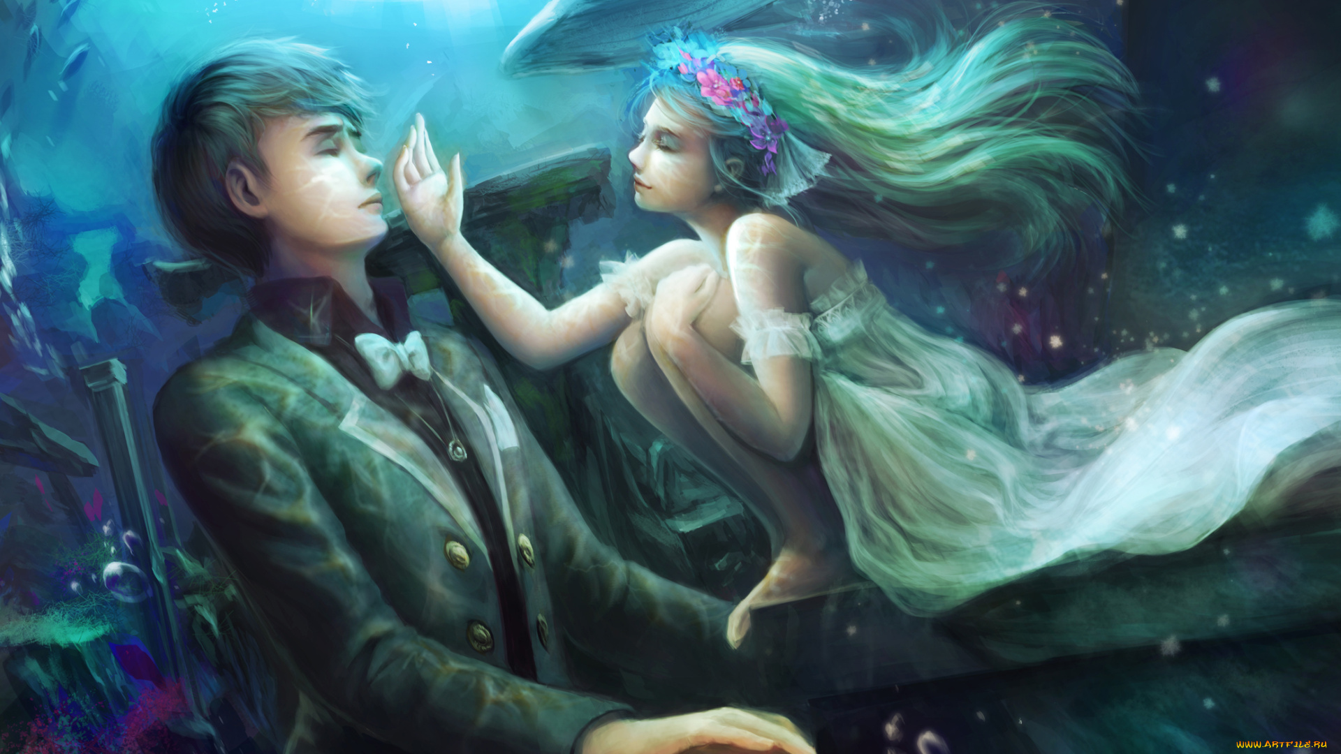 аниме, животные, , существа, девушка, парень, пианино, под, водой, кит