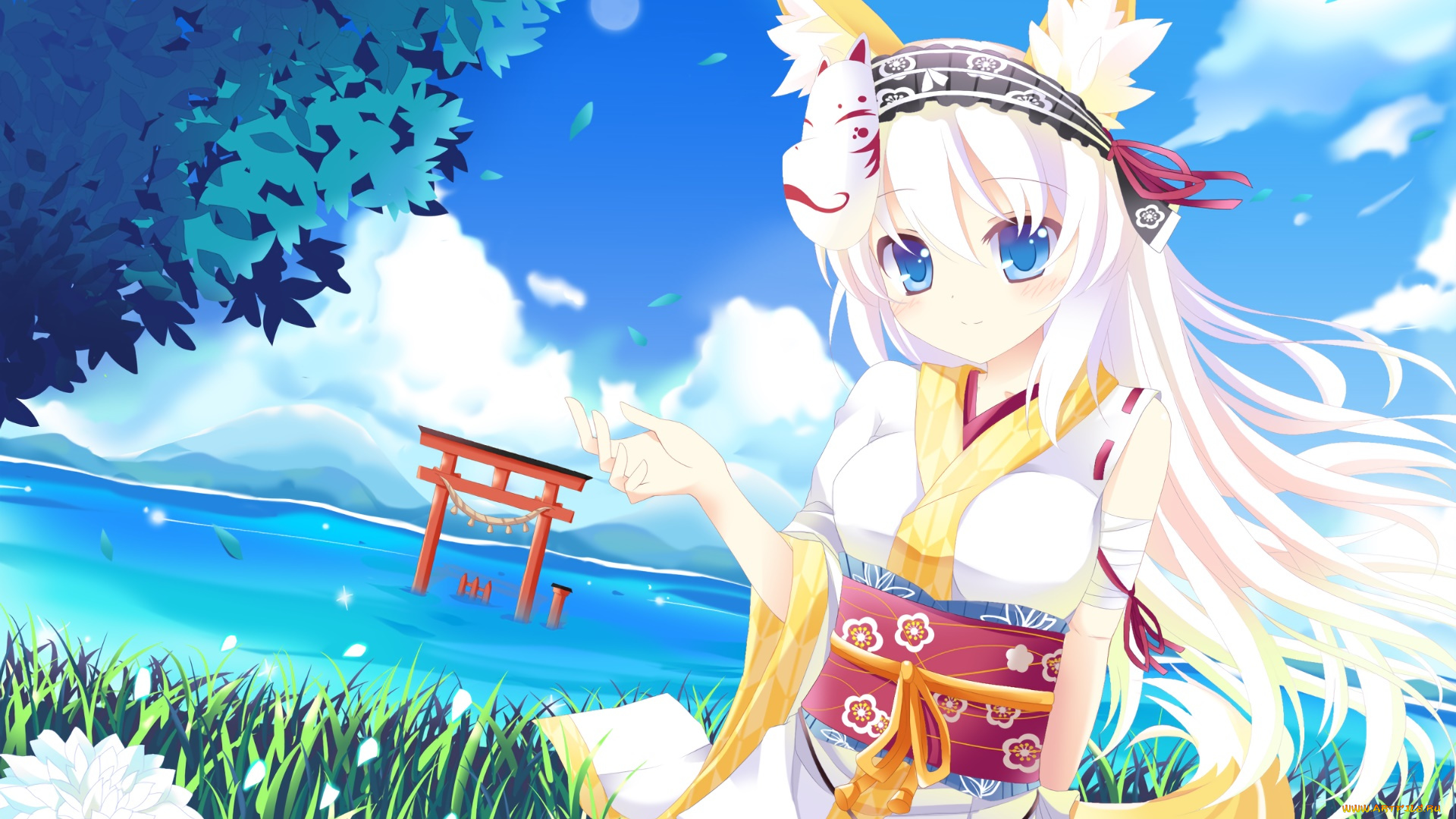 аниме, животные, , существа, девушка, взгляд, фон