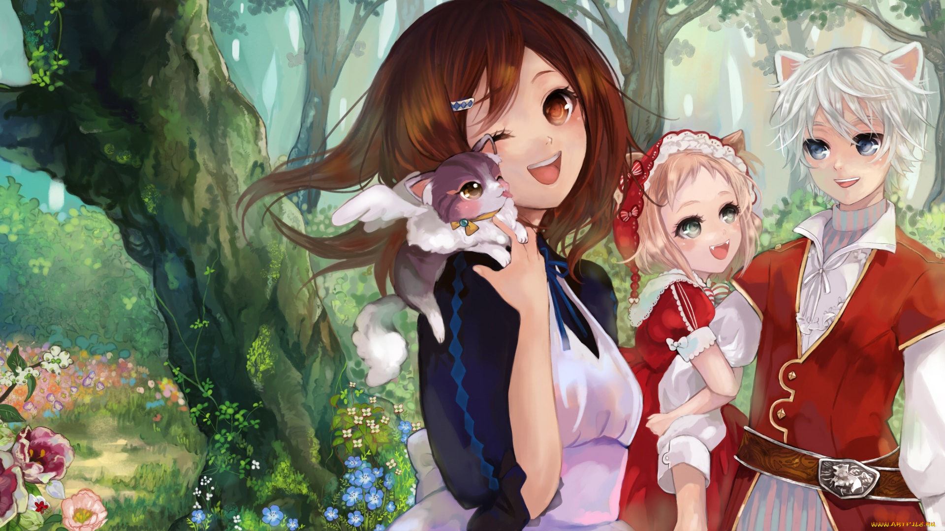 аниме, животные, , существа, девушки, фон, взгляд