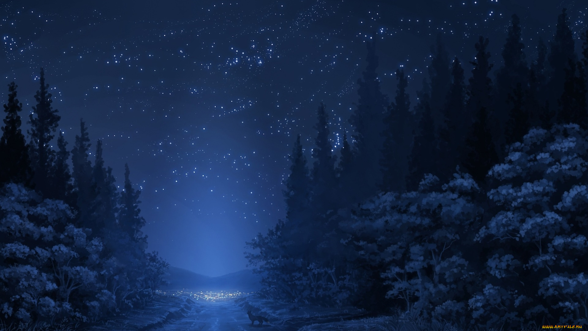 аниме, животные, , существа, ночь, дорога, лес, лиса, небо