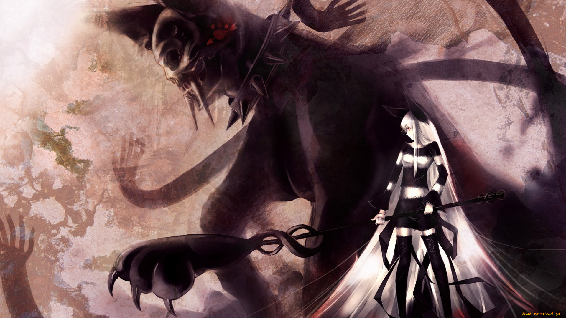 аниме, животные, , существа, взгляд, девушка, фон