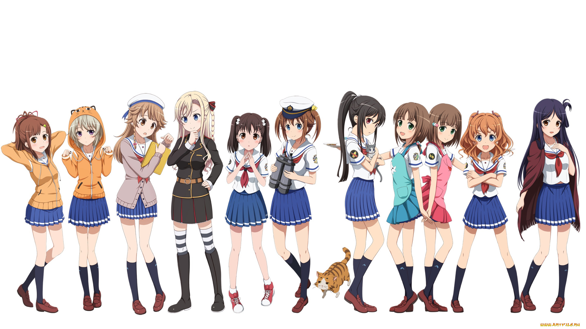 high, school, fleet, аниме, девушки, взгляд, фон