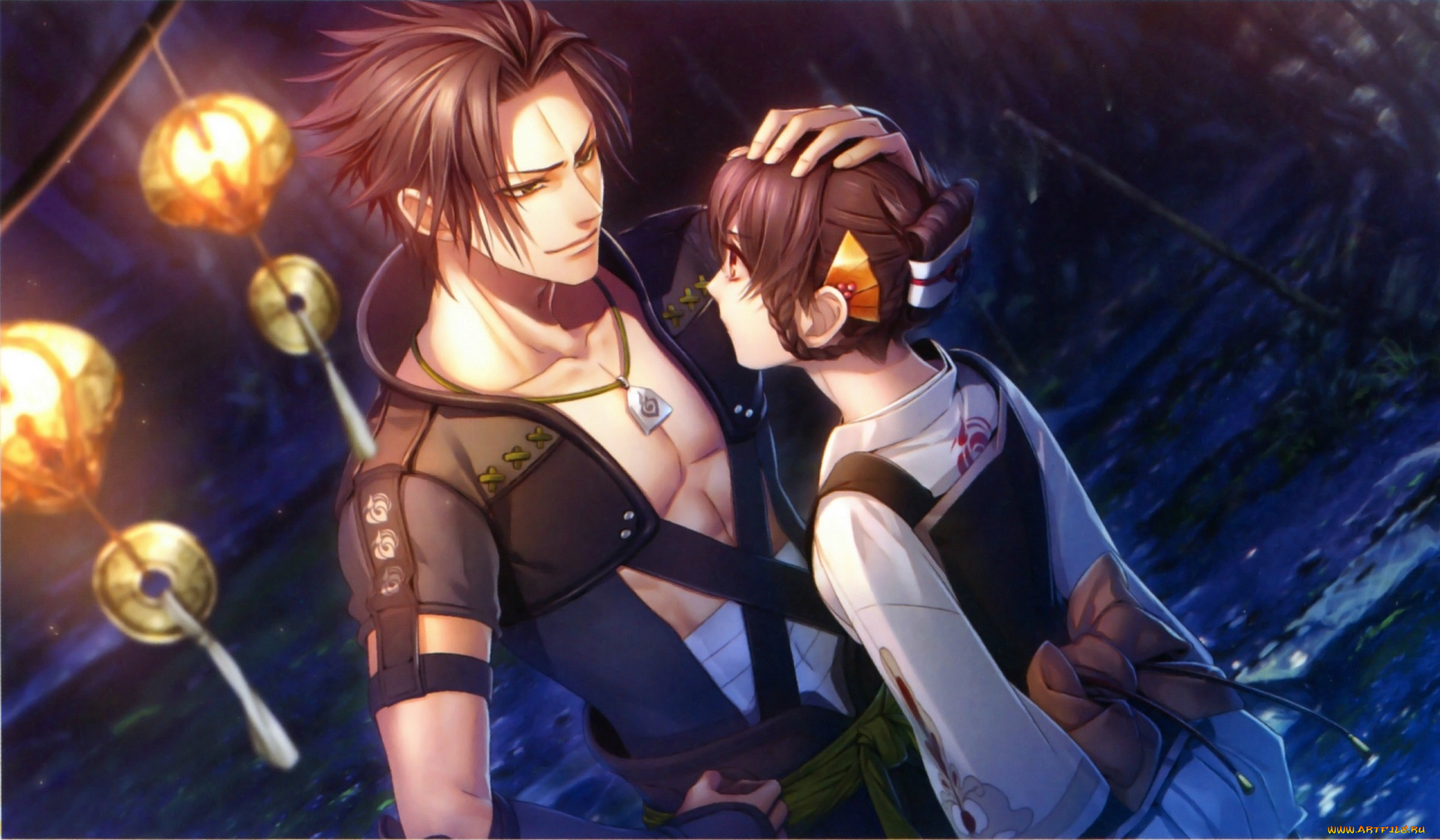 аниме, toki, no, kizuna, kazutake, visual, novel, miko, art, фонари, река, ночь, yukina, suzumori, toki, no, kizuna, прическа, двое, свидание, руки, амулет