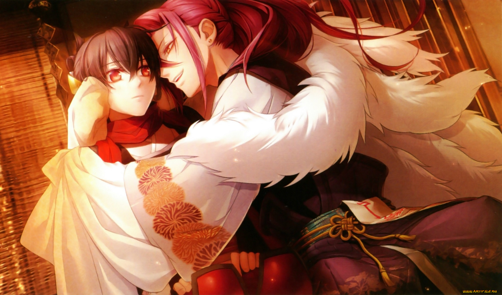 аниме, toki, no, kizuna, visual, novel, toki, no, kizuna, miko, красные, глаза, объятия, art, мех, двое, прическа, кимоно, yukina, suzumori, shin