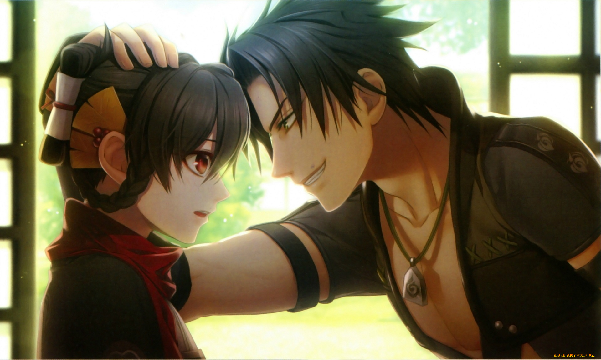 аниме, toki, no, kizuna, двое, yukina, suzumori, улыбка, рука, амулет, прическа, kazutake, toki, no, kizuna, visual, novel, miko, art