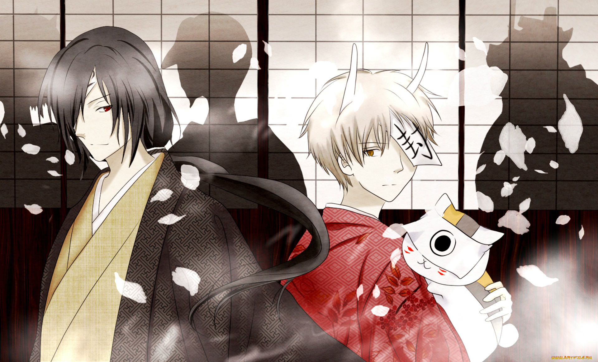 аниме, natsume, yuujinchou, тетрадь, дружбы, нацумэ, matoba, seiji, кимоно, рога, лепестки, art, nyanko-sensei, takashi, natsume, yuujin, chou, yuki, midorikawa, тень